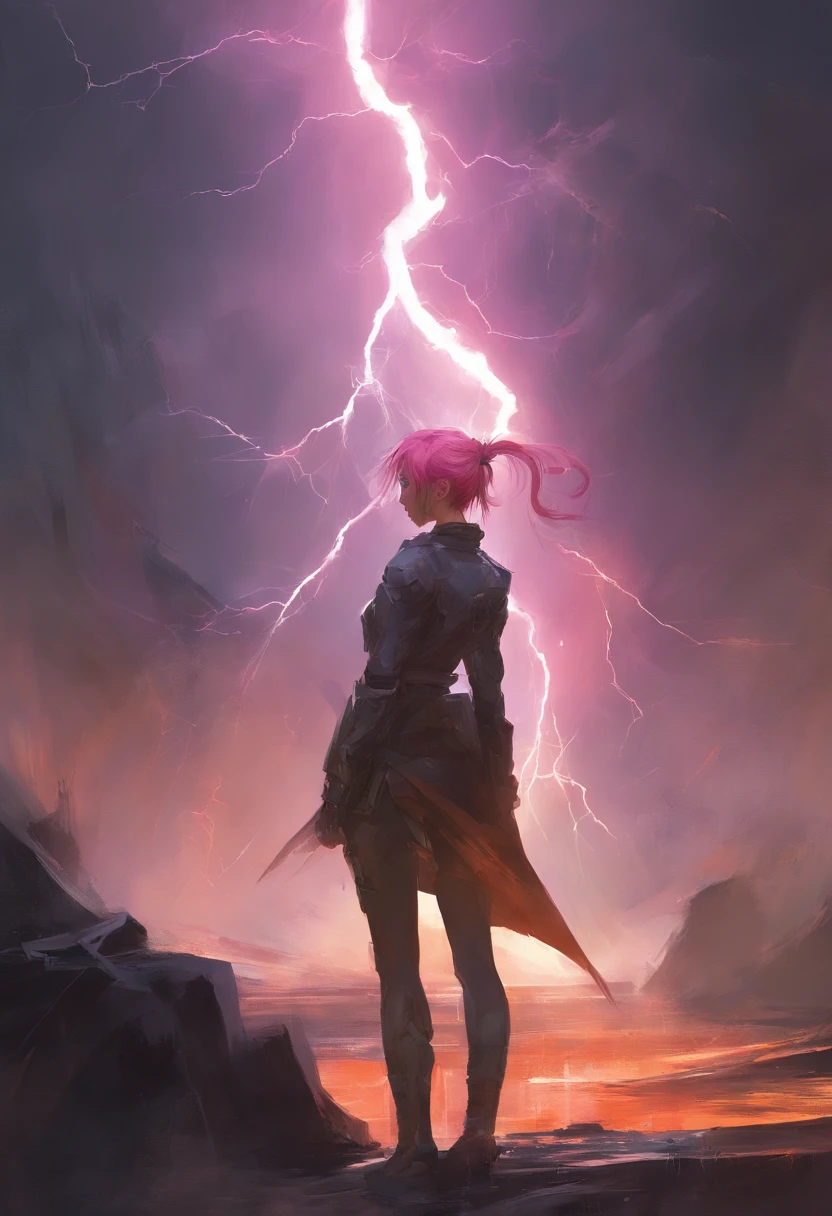 (masterpiece), anime, (photo_(medium):1.0), by Antonio J. Manzanedo, by Jeremy Lipking, 1girl, lightning, in a surreal landscape, painting style with watercolor, brushstrokes, unbuttoned, orange eyes, ponytail, pink hair, cyberpunk, japanese clothes