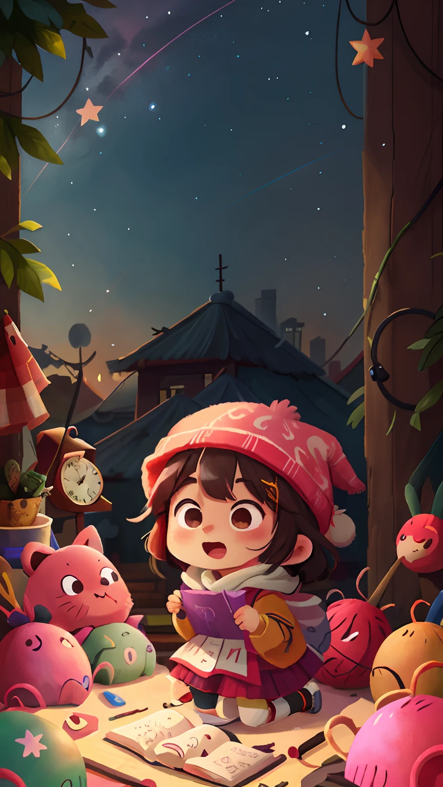 1人,girl with, personification,cheerfulness,Rejoice, knit hat, Stargazing, Perfect quality,Clear focus(clutter - home:0.8), (tmasterpiece:1.2) (realisticlying:1.2) (Bokeh) (best qualtiy) (detailedskin:1.3) (intricate-detail {Ikko) (8K) (detailedeyes) (muffler),(having fun)