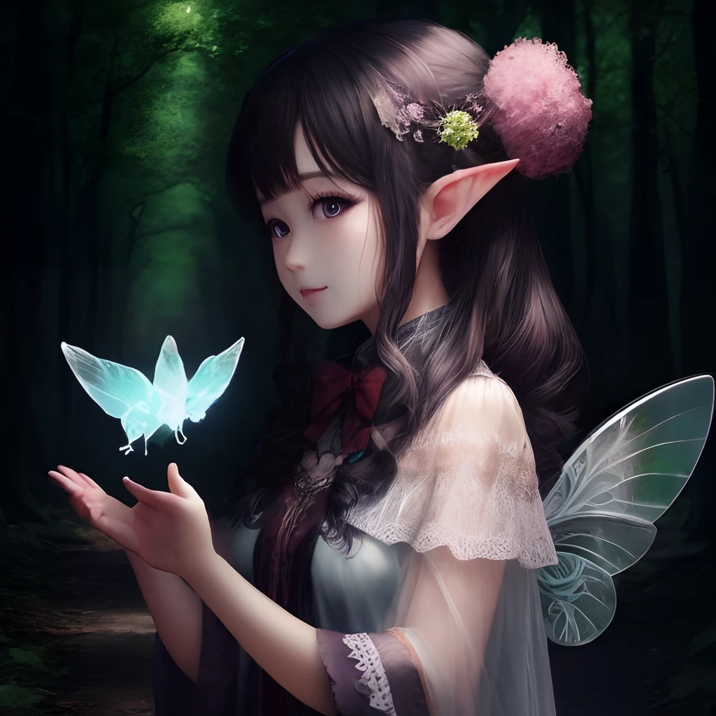 forest fae、4K、beatuful nature、large transparent wings、Cute look、Together with animals、