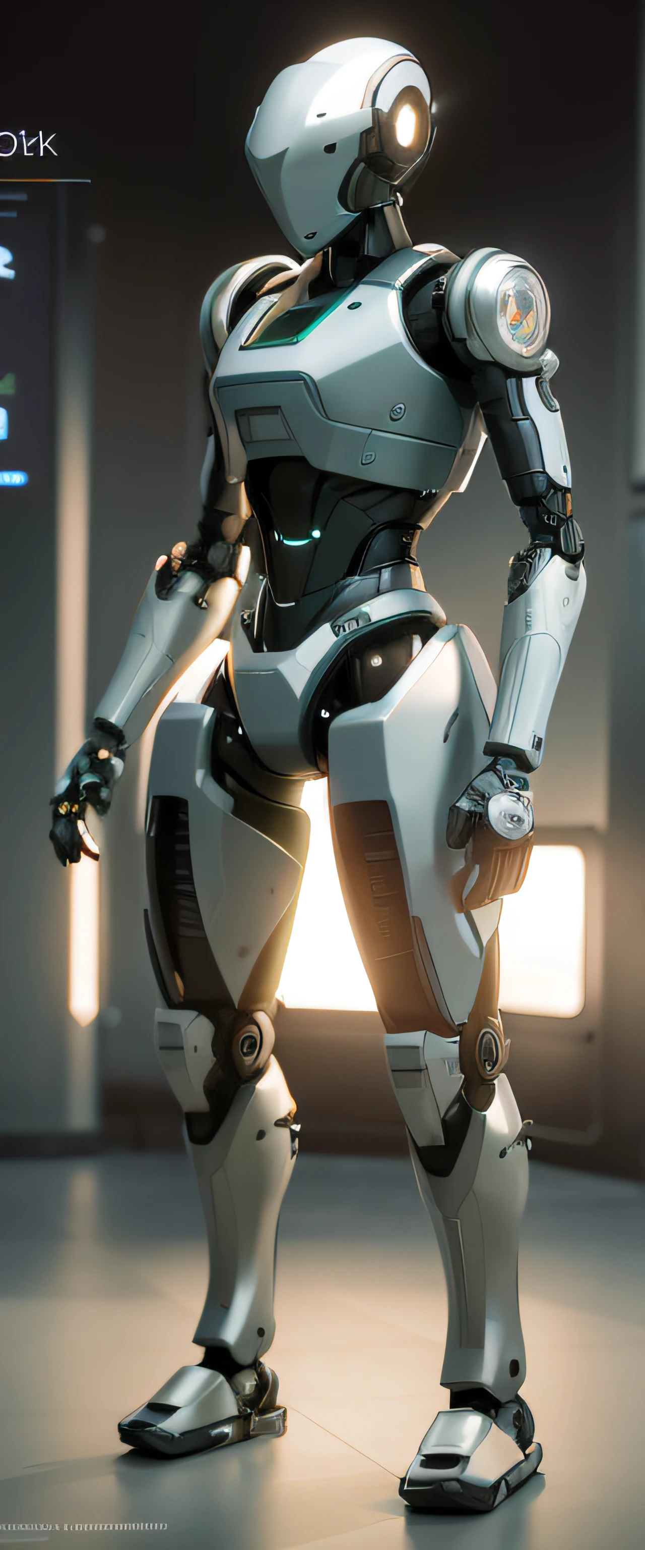 A robot stands on a black background, Futuristic robot body, rendered in nvidia's omniverse, mech body, detailed octane render, detailed cinematic rendering, super rendered in octane render, artstation unreal w-960, sci - fi details, insanely detailed octane render, detailed cinematic shot, symetry! futuristic robotic，The screen scale changes to 1：1，Fix the asymmetrical part