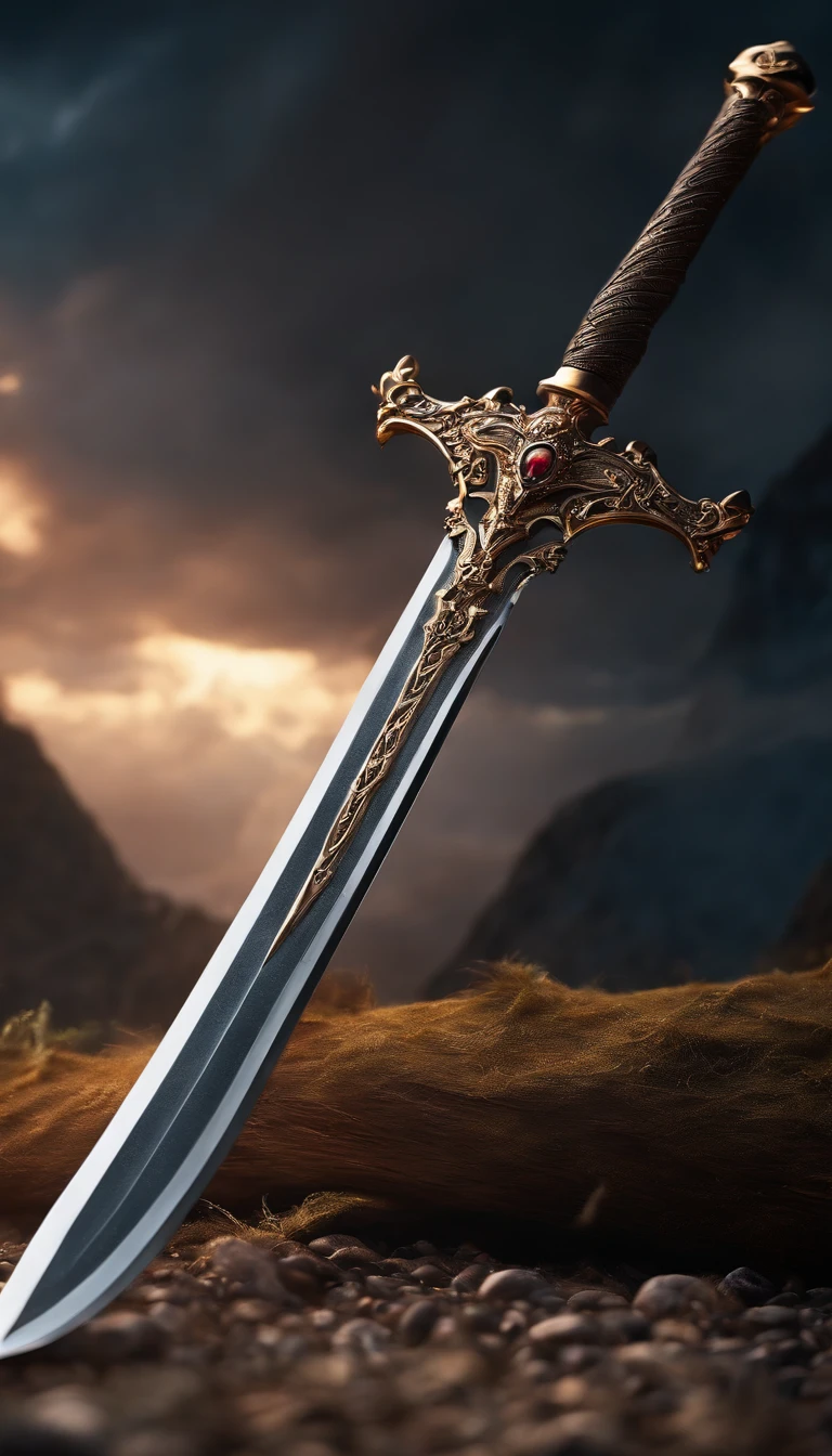 A close up of a sword on a rocky surface with a sky background - SeaArt AI