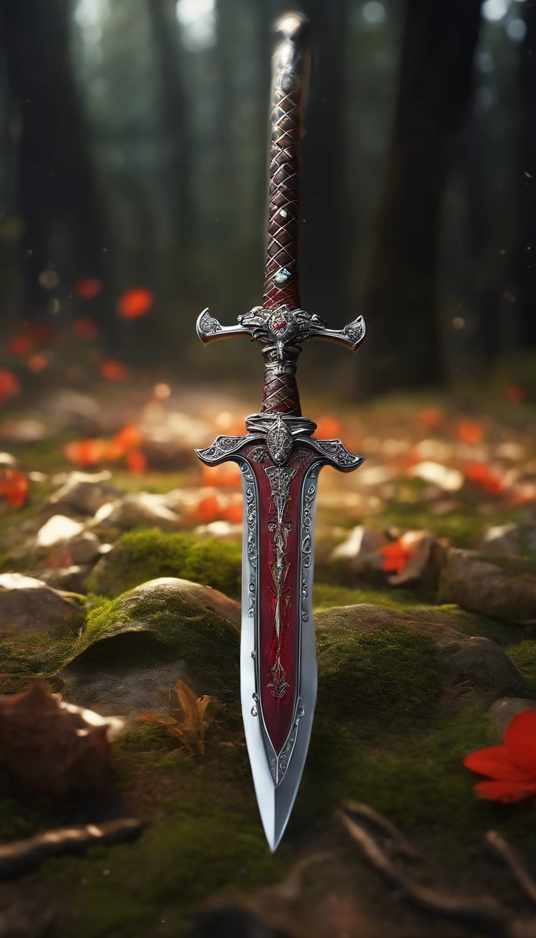 (outstanding、professional、Surreal)、detailed sword, Metallic texture, lying on the ground