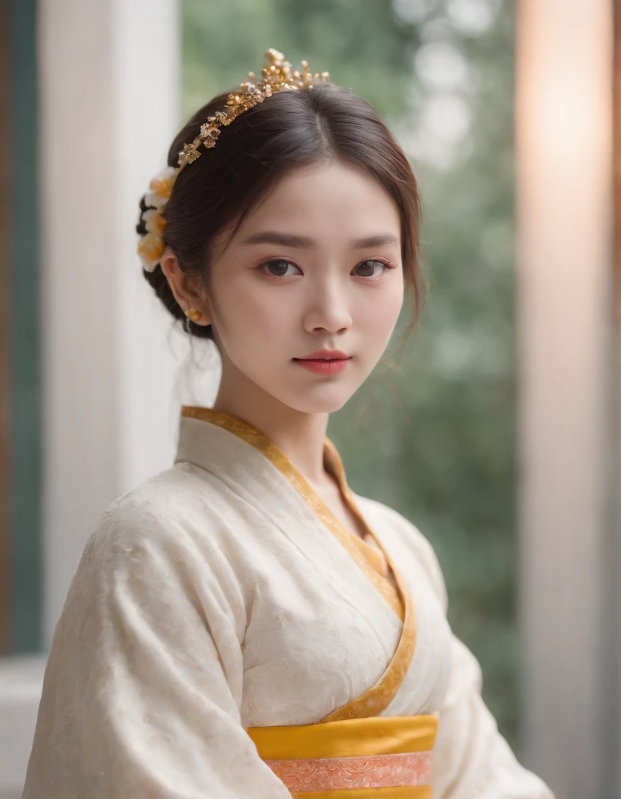 polaroid photo, , 1girl, dynamic composition, engaging pose, soft yet striking lighting, shallow depth of field, bokeh from city lights, sharp details, highly detailed, hyper-realistic, 50mm lens, naturally blurred background,(hanfu, tang style outfits, white upper shan, multicolour chest po skirt, yellow waistband),
