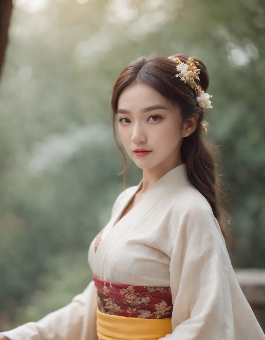 polaroid photo, , 1girl, dynamic composition, engaging pose, soft yet striking lighting, shallow depth of field, bokeh from city lights, sharp details, highly detailed, hyper-realistic, 50mm lens, naturally blurred background,(hanfu, tang style outfits, white upper shan, multicolour chest po skirt, yellow waistband),