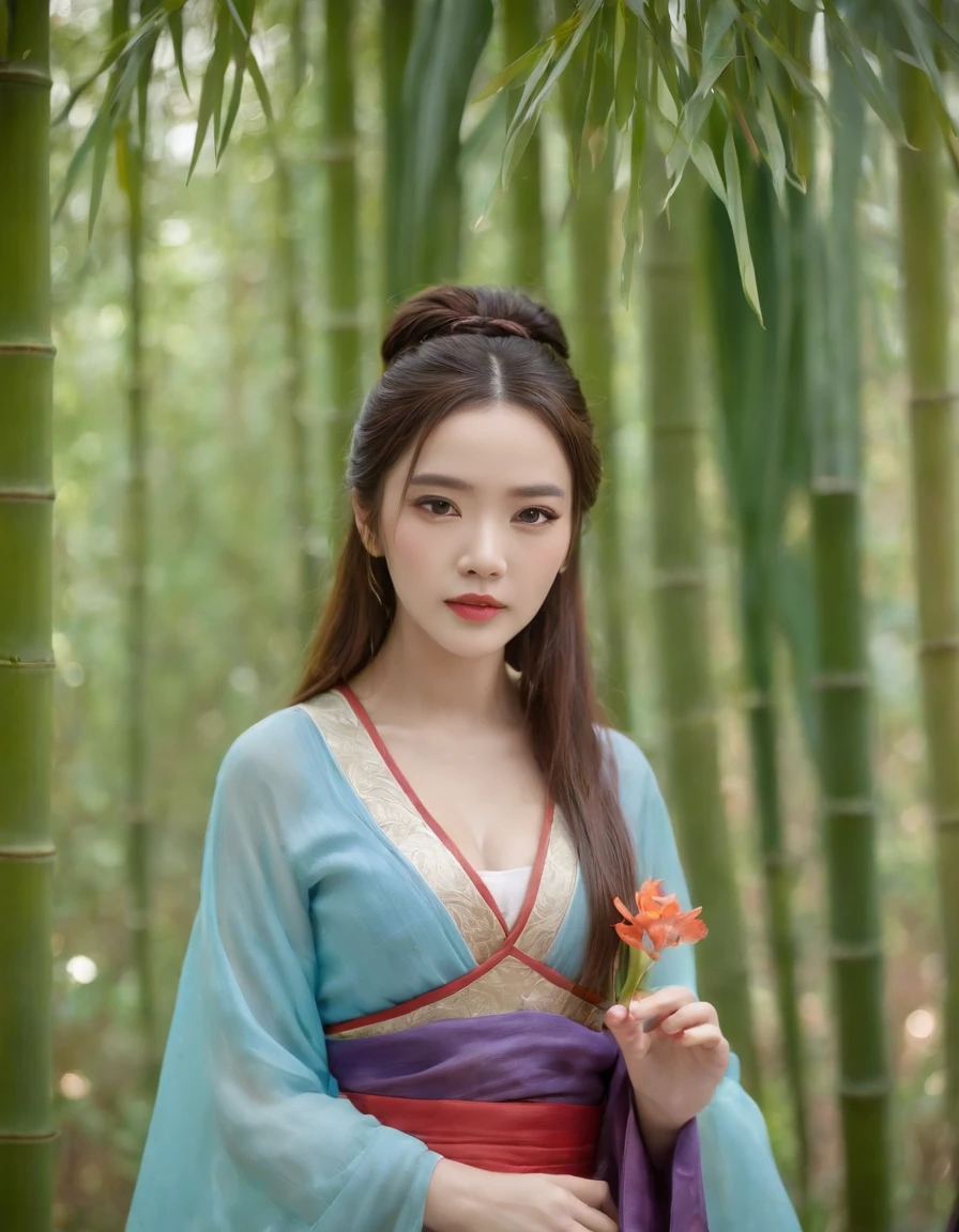 best quality,masterpiece,rich details,in the bamboo forest,1girl,,glamor,large breasts,black eyes,closed mouth,multicolored hair,long hair,straight hair,swept bangs,hanfu,tang style outfits,,cyan blue upper shan,orange long upper shan,red chest po skirt,multicolour chest pleated skirt,red waistband,purple pibo,