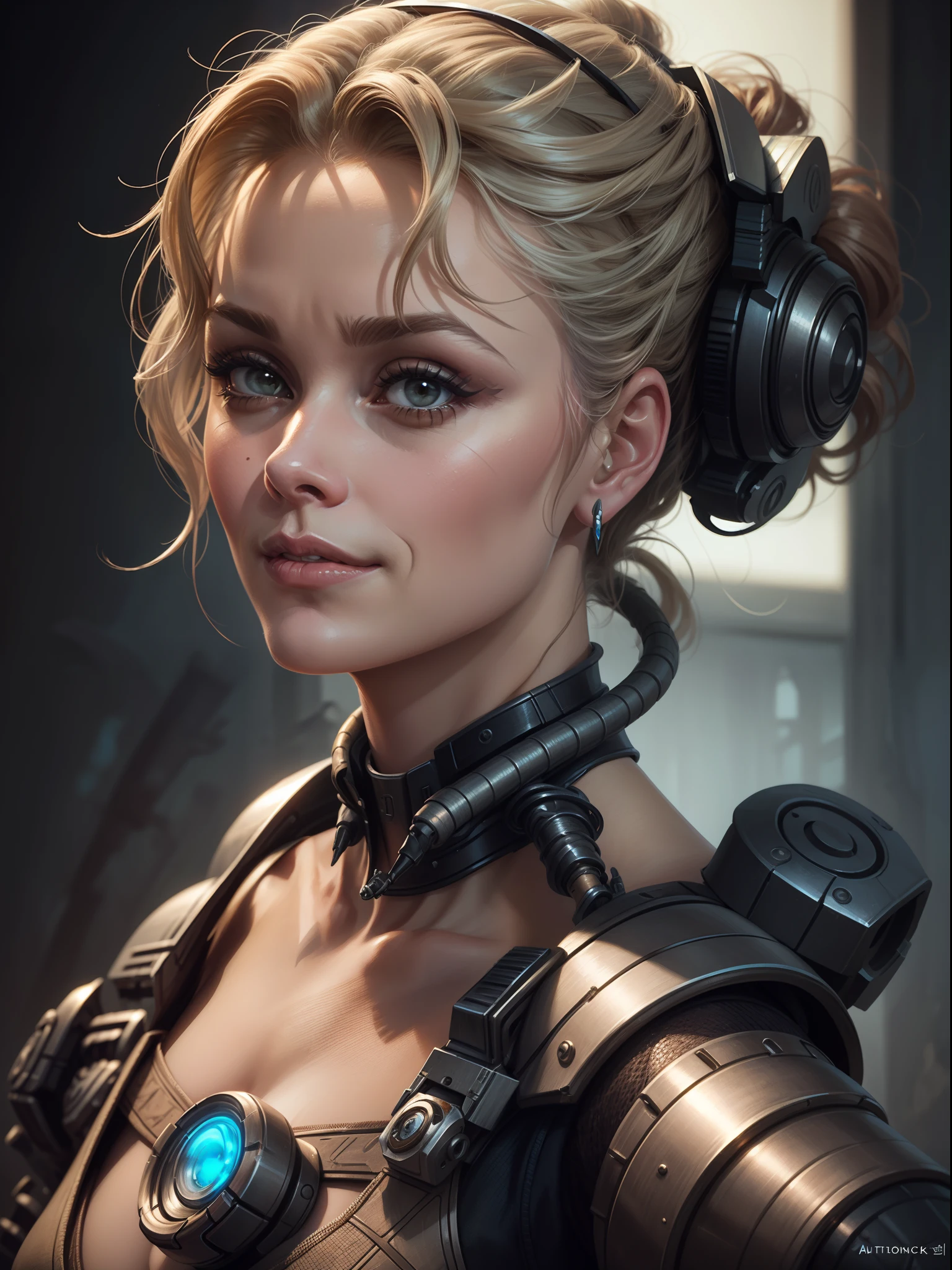 portrait of vicious nefarious female cyborgian mshn mad cyborg scientist [Helena Bonham Carter:Lisa Stansfield:0.75], character, devious smirk, intricate, elegant, highly detailed, digital painting, artstation, concept art, smooth, sharp focus, hyper photorealistic illustration, art by artgerm and greg rutkowski and alphonse mucha, 32k