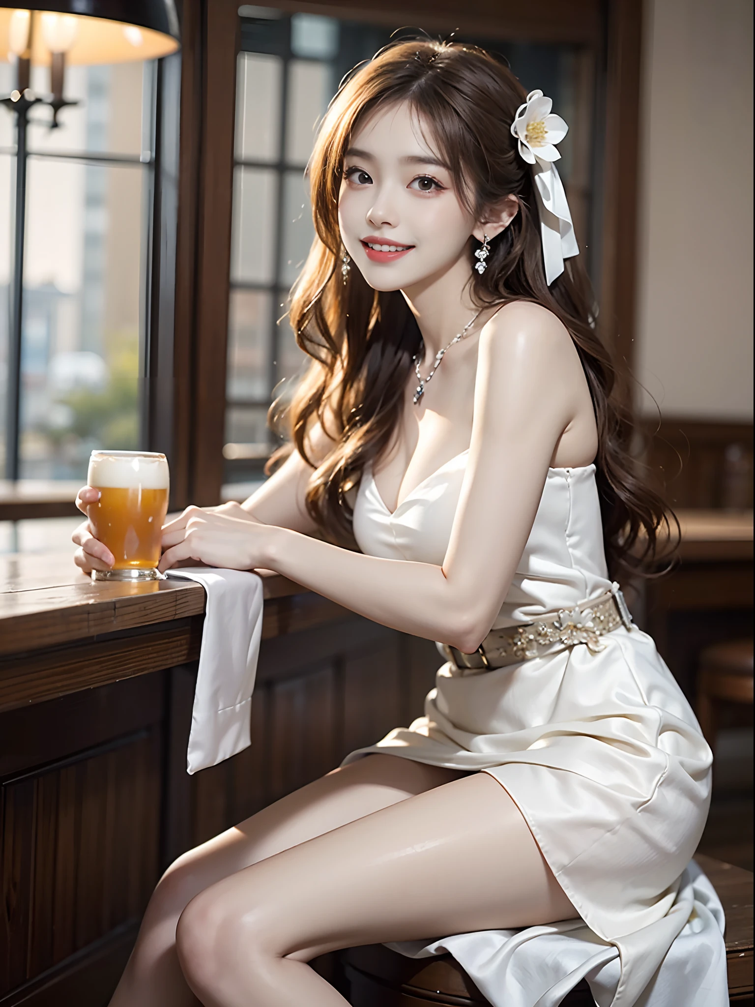 ((full body)), ((from side)), ((realistic)), 1 Korean female model, A young girl, (in a pub, Sit Pose, Cross ed leg, Leaning against the bar), Pleasing posture, Eye-catching poses, Nice long legs, Detailed scenes, curlies, Air bangs, Beautiful hair accessories, Brownish-yellow hair, light make-up, Blushlush, Gloss on lips, ((White floral silk dress, high-waist, Nice belt, high-heels)), warm lights, a warm color palette, Delicate color saturation, Detailed details, ultra-detailliert, (tmasterpiece, best qualtiy), (An extremely delicate and beautiful work), Delicate earrings, Delicate necklace, Simple blurred background, Extreme detail description, Ultra-fine painting, Delicate face, slim toned body, Slimming the waist, (grin, happy grin, Baring teeth), (anatomy correct)