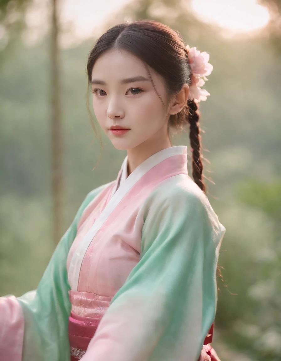 masterpiece, best quality,realistic,1girl,(hanfu, pink short shan, gradient green pleated skirt, pink songmo), upper body