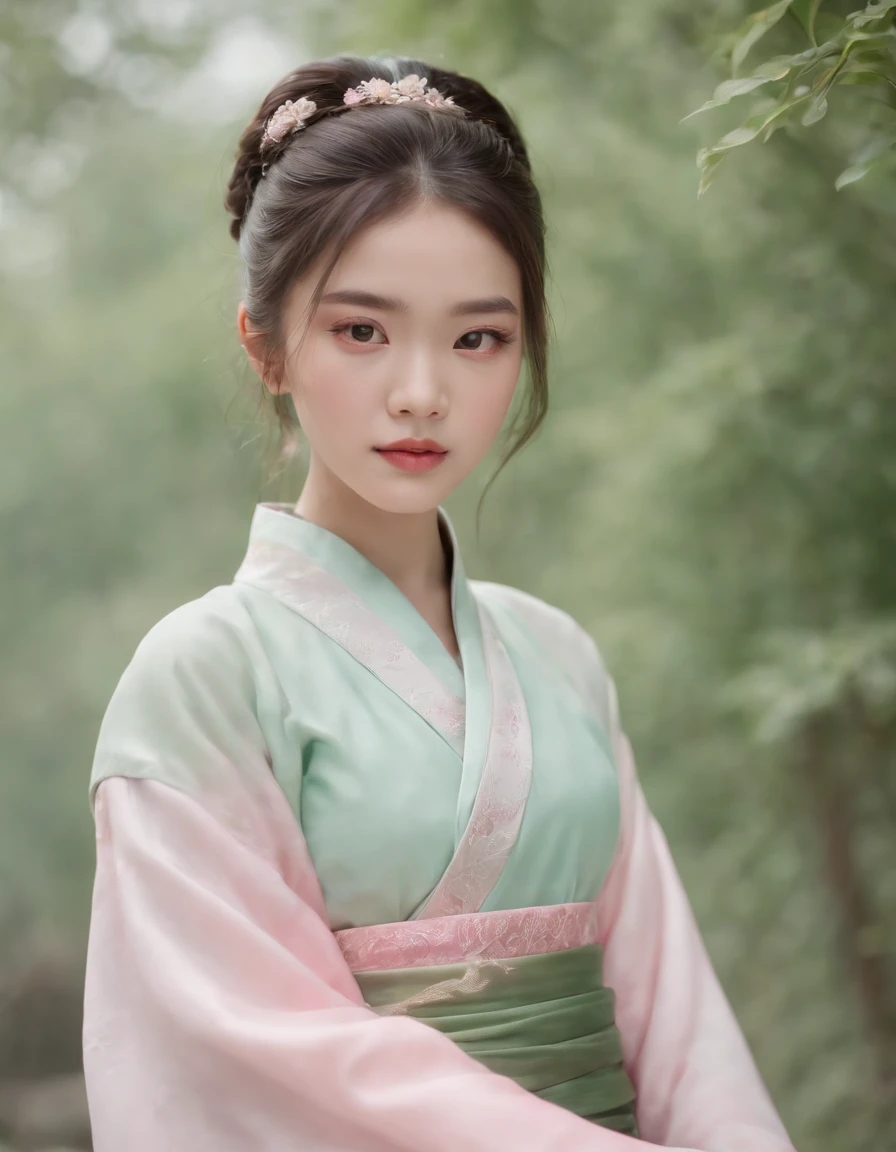 masterpiece, best quality,realistic,1girl,(hanfu, pink short shan, gradient green pleated skirt, pink songmo), upper body