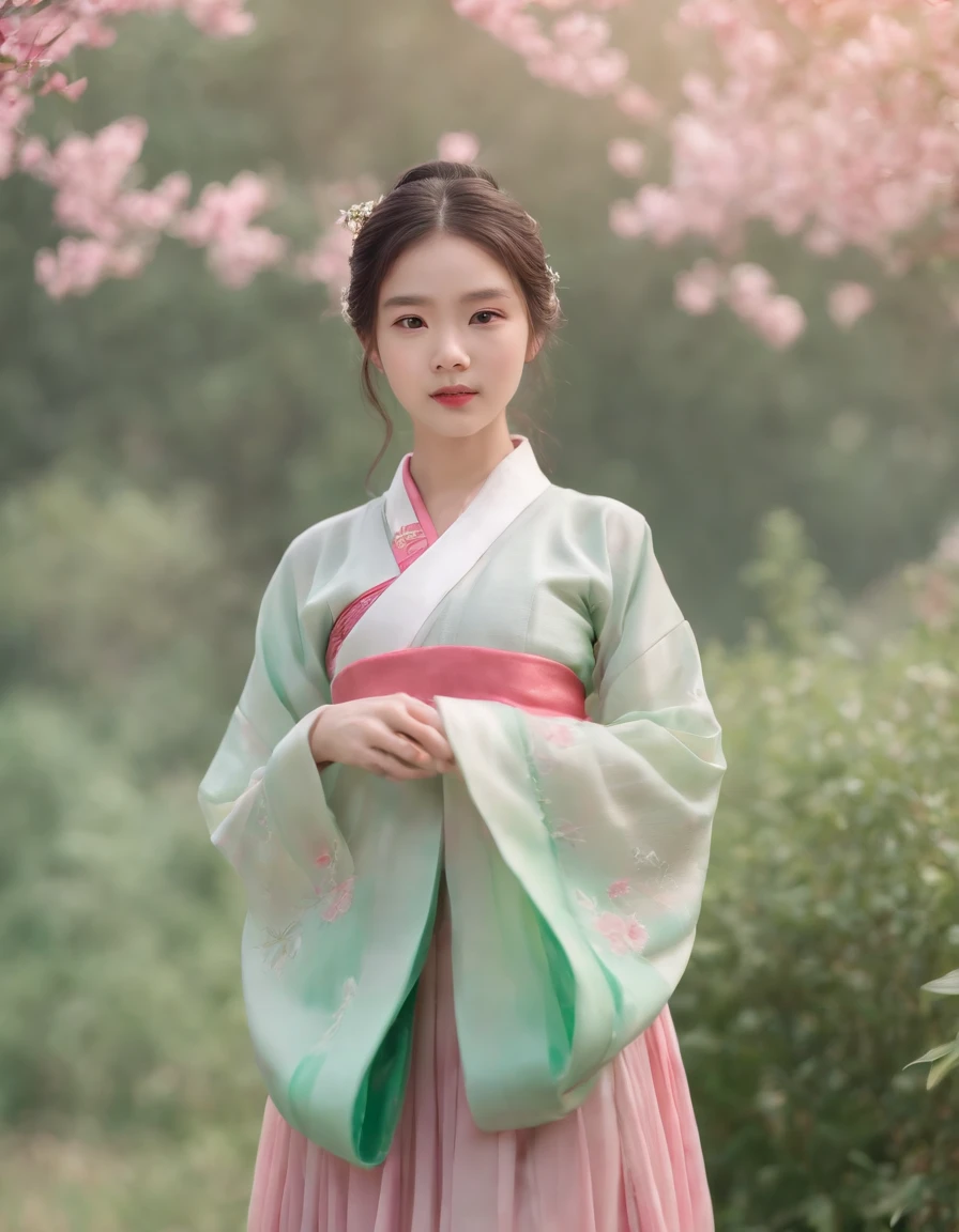 masterpiece, best quality,realistic,1girl,(hanfu, pink short shan, gradient green pleated skirt, pink songmo), upper body