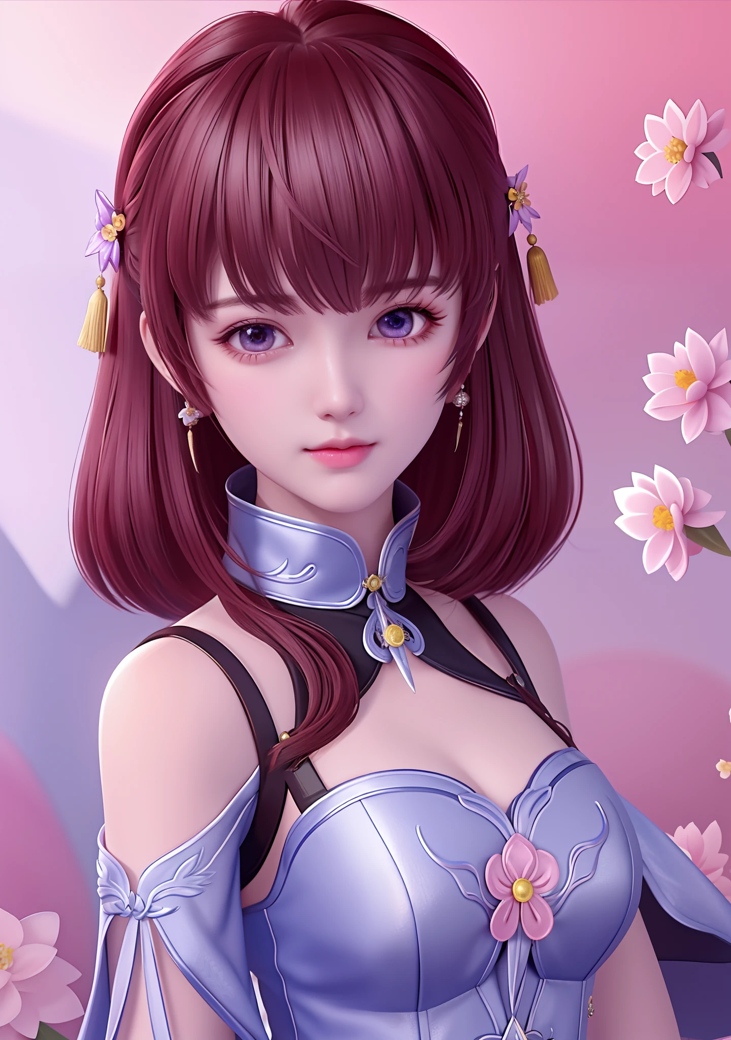 Best quality, Masterpiece,Upper body,(Background:sonoko),1 girl, Mature woman, Chinese style, Ancient China, sister, Dancer, Dark brown hair, Dark hair, Princess cut, Fried dough twisted braid, Coiled hair, Double ball head,Coiled hair,Streamers, Light pink lips, calm, Intellectual,Purple eyes, nipple tassels, Silver, Beads,peony flower, offcial dress, capes, Silk skirt, Embroidery, Fine face, facial closeups, Close-up of the hand,Light-colored clothes,Beautiful face,Photorealistic, rim lit, twotonelighting,(highdetailskin:1.2), 8K UHD, Digital SLR, Soft lighting, High quality, voluminetric lighting, photographed, high resolution, 4K, 8K, Bokeh