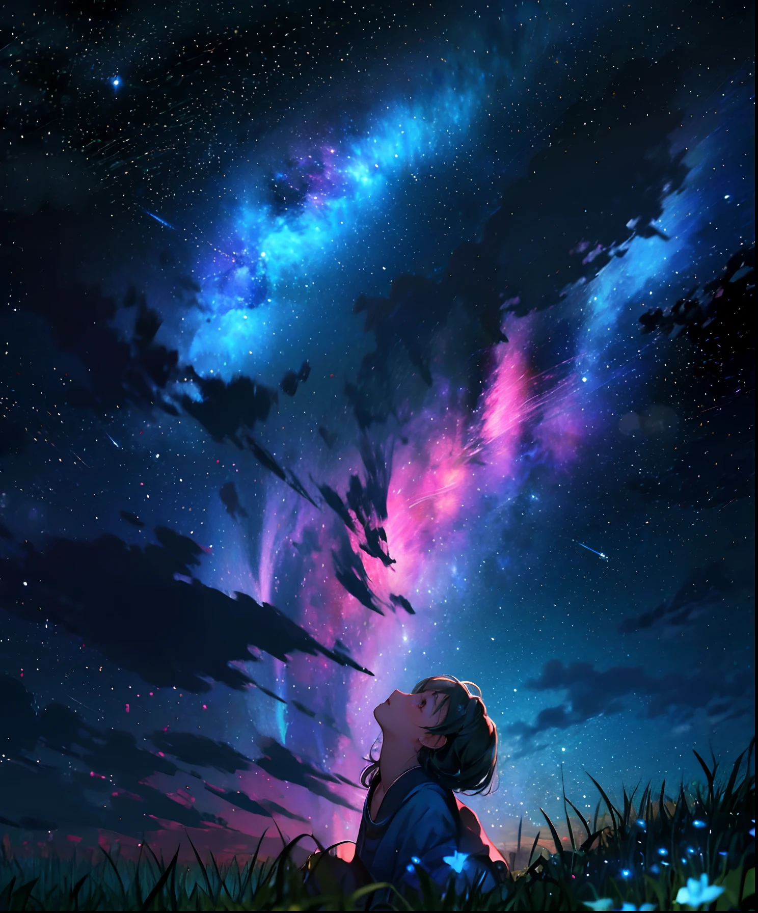 Describe a scene where a cute girl character is lying on a grassy hill, Looking up at the starry sky. Surround her with colorful nebulae and her favorite constellations.