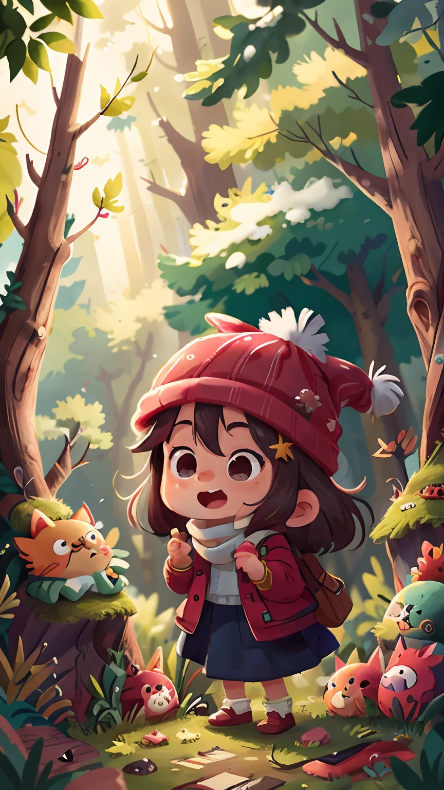 1 persons,girl with, personification,cheerfulness,Rejoice, knit hat, Mysterious Forest, Perfect quality,Clear focus(clutter - home:0.8), (tmasterpiece:1.2) (realisticlying:1.2) (Bokeh) (best qualtiy) (detailedskin:1.3) (intricate-detail {Ikko) (8K) (detailedeyes) (muffler),(having fun)