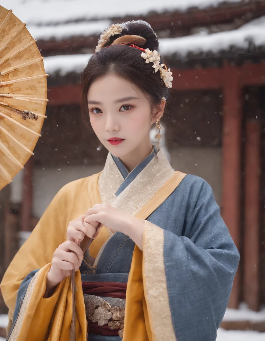 1 girl, (shot in denim), golden yellow Hanfu, (Winter Hanfu), (skirt, cloak, top, jacket: 1.2), headgear, Yokotsu Wari, holding oiled paper umbrellas in both hands, winter, snow, (outdoor: 1.2), masterpiece, surreal, 32k, extremely detailed CG uniform 8k wallpaper, best quality