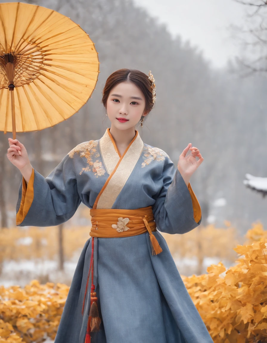 1 girl, (shot in denim), golden yellow Hanfu, (Winter Hanfu), (skirt, cloak, top, jacket: 1.2), headgear, Yokotsu Wari, holding oiled paper umbrellas in both hands, winter, snow, (outdoor: 1.2), masterpiece, surreal, 32k, extremely detailed CG uniform 8k wallpaper, best quality