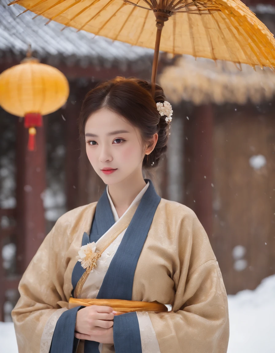 1 girl, (shot in denim), golden yellow Hanfu, (Winter Hanfu), (skirt, cloak, top, jacket: 1.2), headgear, Yokotsu Wari, holding oiled paper umbrellas in both hands, winter, snow, (outdoor: 1.2), masterpiece, surreal, 32k, extremely detailed CG uniform 8k wallpaper, best quality