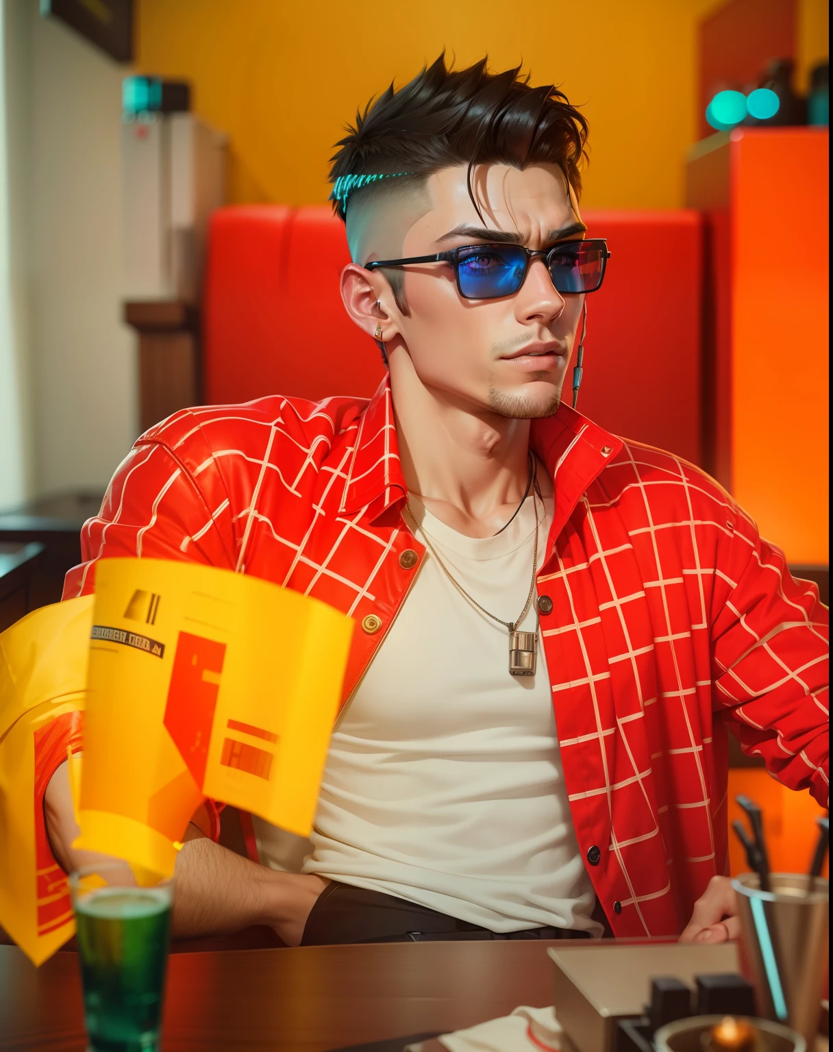 Cyberpunk handsome boy in a hotel 8k ultra resolution