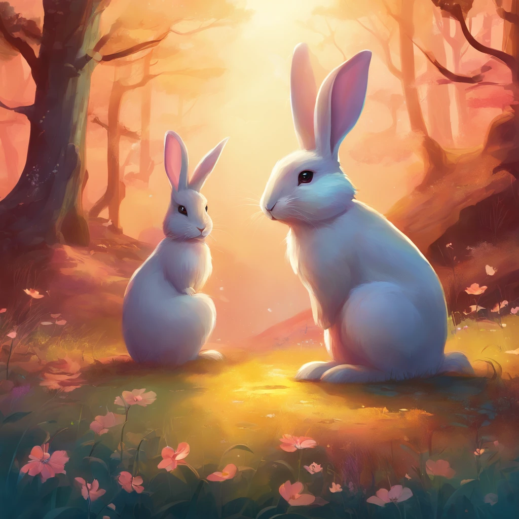 There were two rabbits sitting on the grass near the tree, a forest with bunnies, A beautiful artwork illustration, Rabbits, bunnies, Rabbit_Bunny, adorable digital art, 🍁 Cute, in style of digital illustration, warm beautiful scene, cute illustration, Cute detailed digital art, cyril rolando and goro fujita, in the style of Cyril Rolando