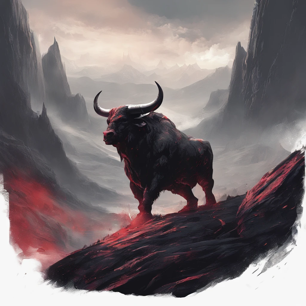 （A terrifying pitch-black minotaur threw his tomahawk into the ground:1.5），The ground exploded，sense of strength，Momentum，Huge horns，red color eyes，evil，Medieval landscape，Fantastical，4K，best qualtiy，primitive，（(Ultra-detailed and high-precision details))，Power Hero & Magic 3，Fantastical，The background is the canyon plain，The scene is impressive