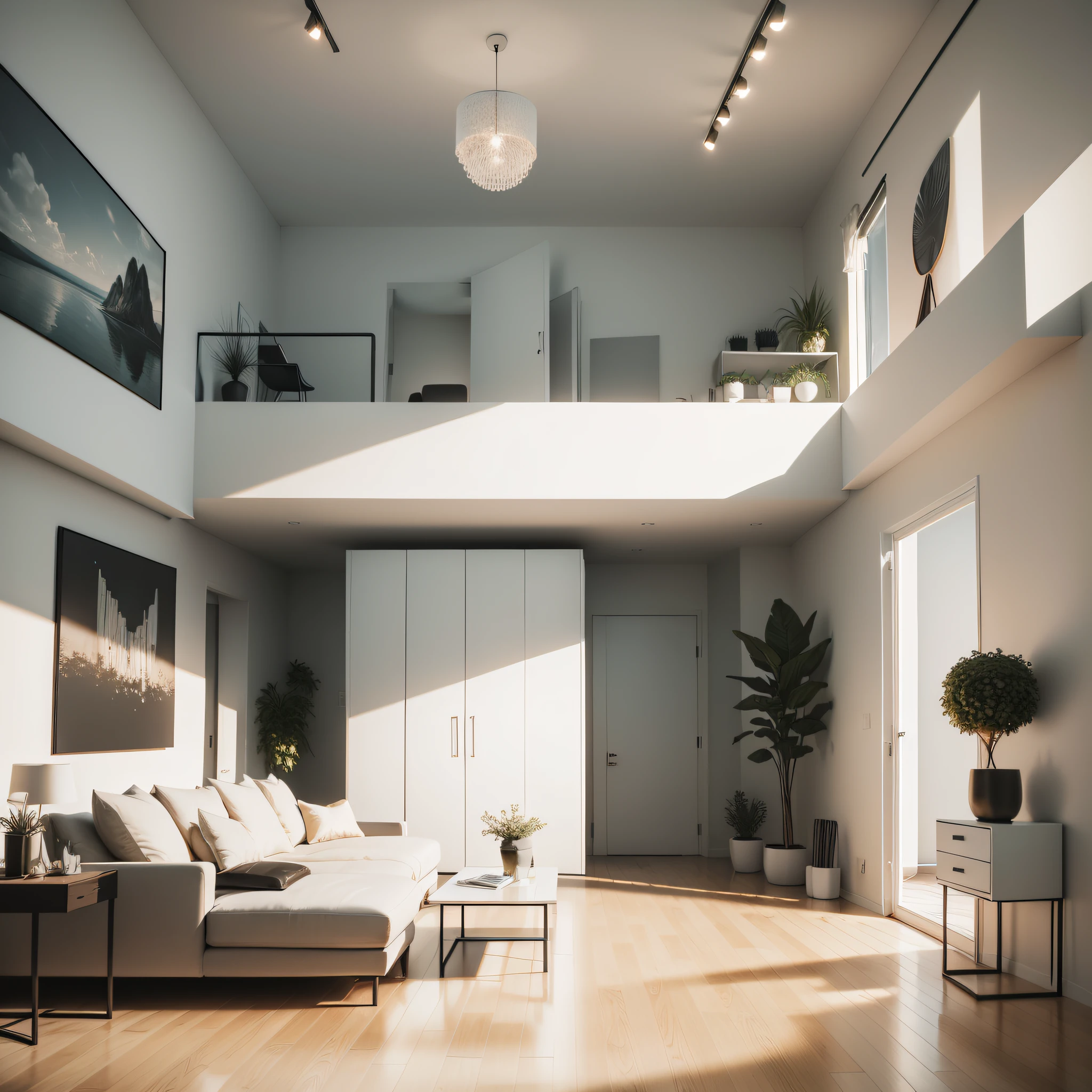 You are a renowned interior designer and have been commissioned to create a 3D image of a modern large room. Create a harmonious environment with modern and minimalist furniture. inclua algumas plantas interiores para dar um ar mais fresco.