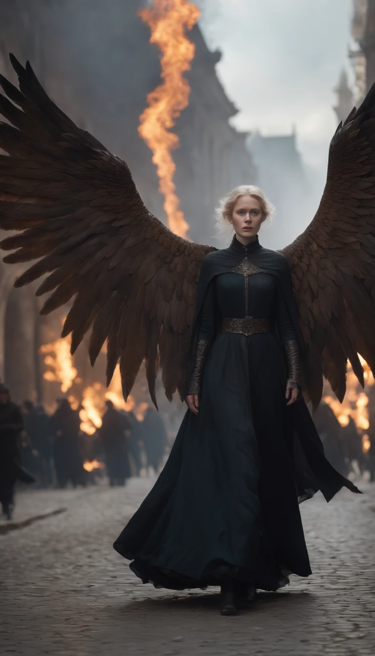 Better quality, tmasterpiece, 超高分辨率, (photograph of-realistic:1.4), ultra-realistic realism, Similar to a dream,fusionart, Tilda Swinton,Female evil fallen angel,Huge wings of fire lay on the ground, in an apocalyptic city in flames, stares at the camera, shadow magic, darkness control, covert, Shadow Passage, Border spells, hidden blade. foreground
