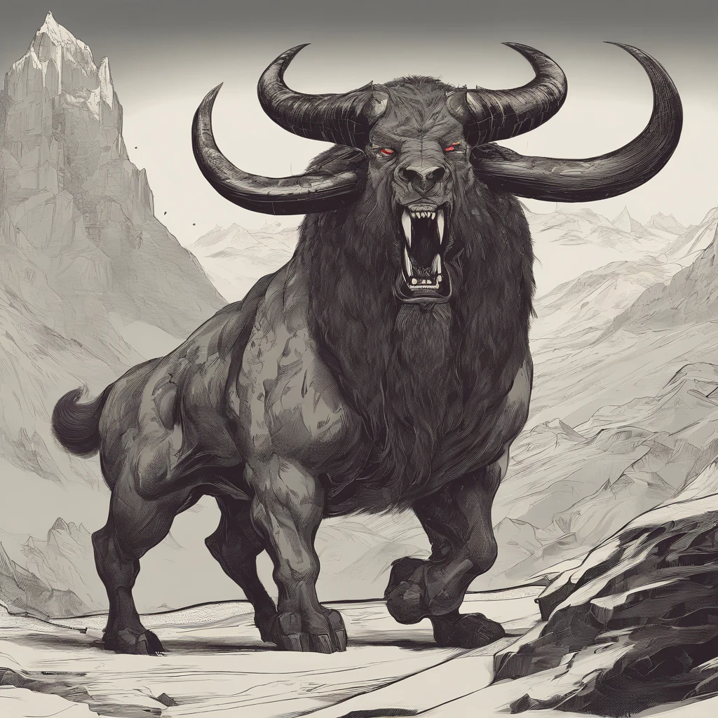 There is a painting，The painting is of a man with horns，There is a huge horn, Minotaur, minotaur warrior, tauren, minotaur in ancient armor, a minotaur wolf, minotaur from path of exile, muscled humanoid balrog demon, male centaur centaur chimera, bison god, demon berserker, Goliath's paintings,（A terrifying pitch-black minotaur threw his tomahawk into the ground:1.5），The ground exploded，sense of strength，Momentum，Huge horns，red color eyes，evil，Medieval landscape，Fantastical，4K，best qualtiy，primitive，（(Ultra-detailed and high-precision details))，Power Hero & Magic 3，Fantastical，The background is the canyon plain，The scene is impressive