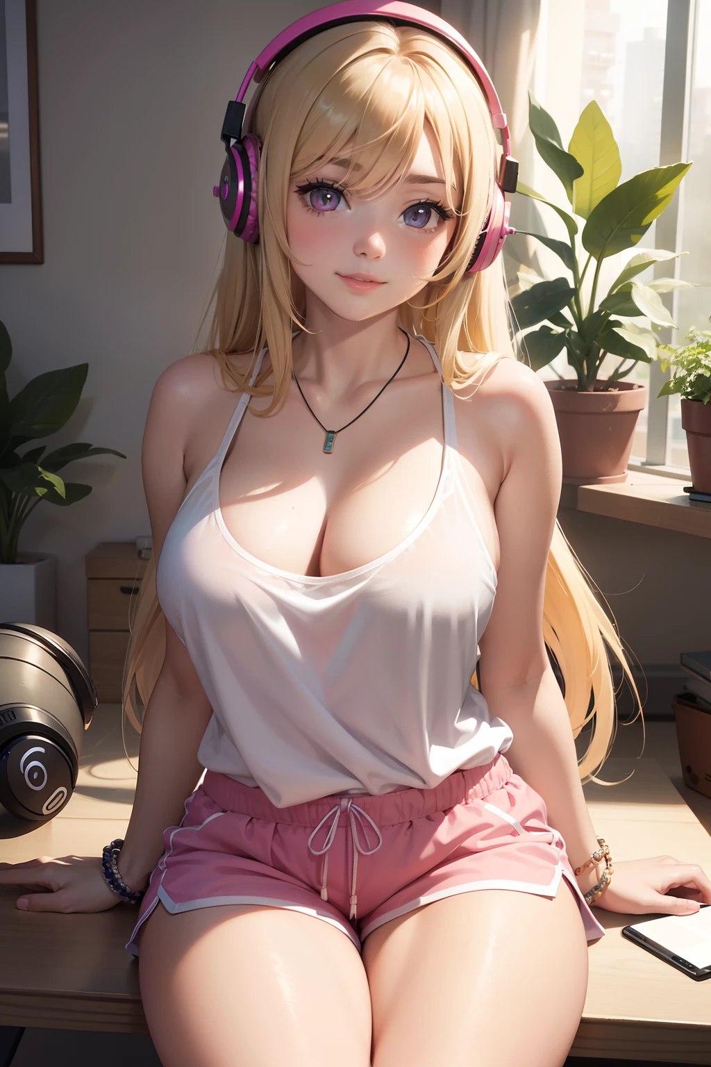 (masterpiece, best quality), 1girl, solo, long hair, blonde hair, pink eyes, thick lips, sitting, indoors, window, plant, pink bedroom background, pajamas, game controller, short shorts, tank top, lace trim tank top, necklaces, bracelets, looking at viewer, extremely detailed, illustration, large breasts, thick thighs, cute colors, computer desk, headphones, light smile