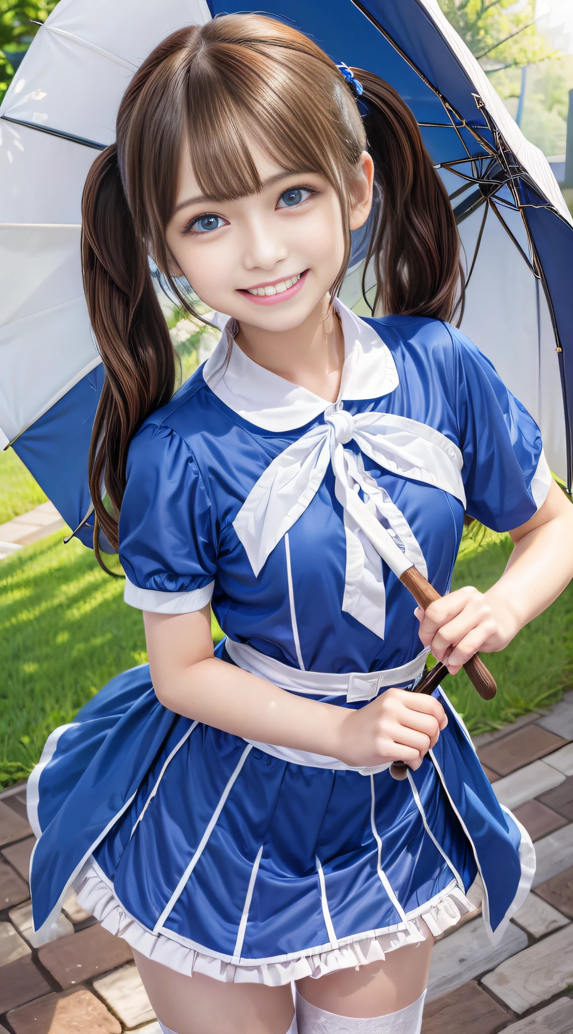 one girls、 poneyTail, arena、Show white teeth and smile, Brown hair、Blue Ribbon、Eyes with azure eyes、Holding an umbrella、