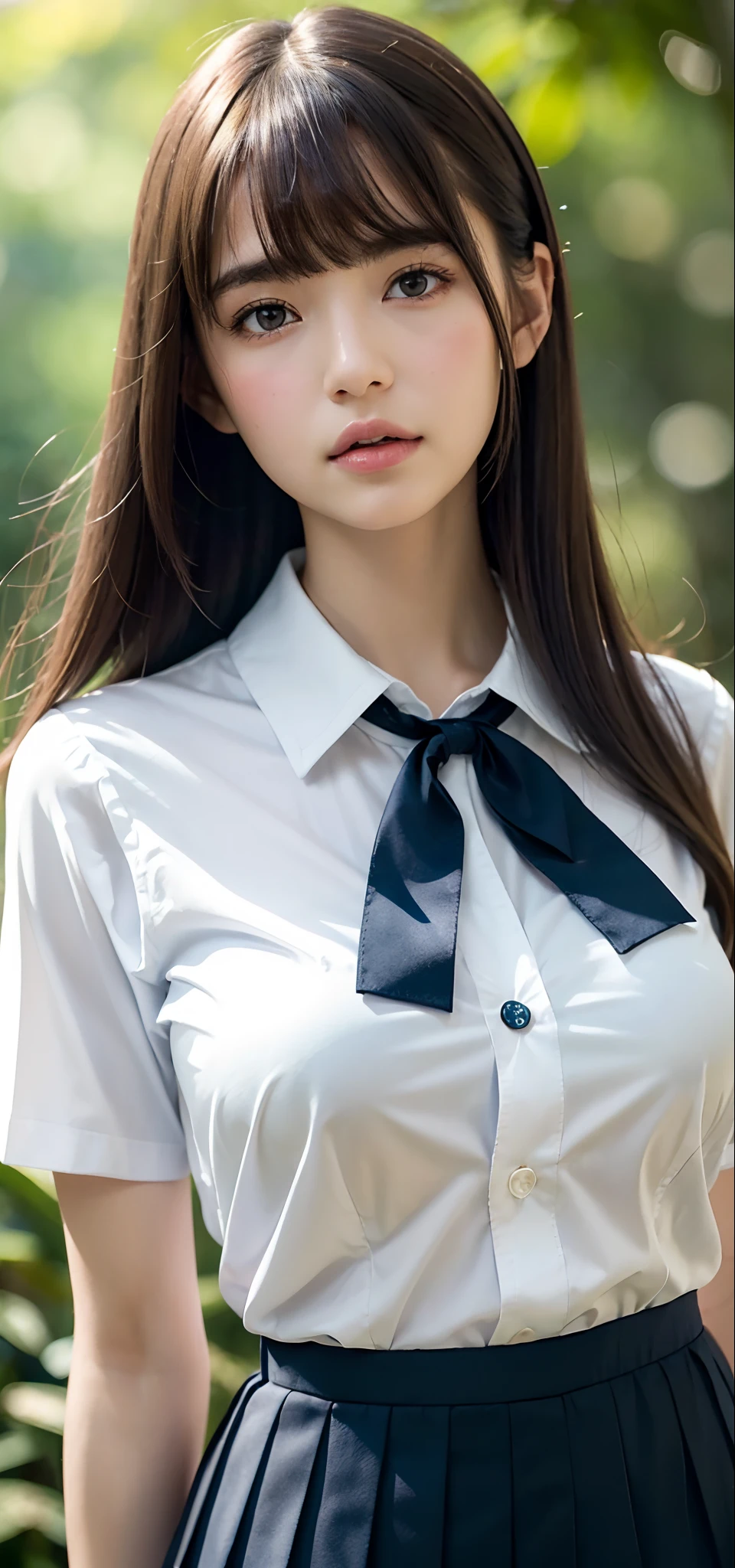 1womanl, up of face, Colossal tits,light brown hair, Blunt bangs, hair behind ear, hair over shoulder, Long hair, slender body shape, Ultra Fine Face, Thin face, Delicate lips, Beautiful eyes, thin blush, eyes are light brown, perfect glossy skin, flawless skin, Glistening sweat,View here, Ultra-thin hands, Ultra-fine fingers:realisitic:1.3), Broad-leaved forest, One-person viewpoint, Fuji Film, 8K, masutepiece, nffsw, Super Detail, High quality, Best Quality, hight resolution, ((Don't show your fingertips))、the golden hour　Beautiful light,  (((Schoolgirl Uniform)))、(((White Short Sleeve Low Cut Front Button Shirt、Dark blue ribbon)))、((Ultra Micro Mini Dark Blue Pleated Skirt)) ((Colossal tits)) (((Positive image:1.3)))