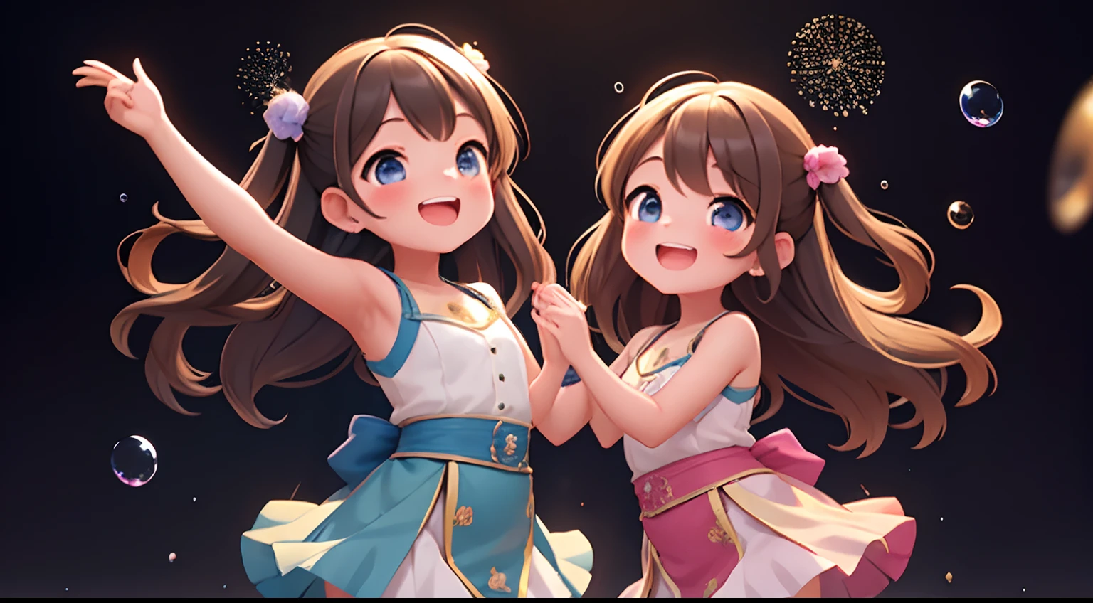 Two girls standing in front of a painting、smiling face、Water droplets on my cheeks、Dance Practice、Rotational jump、breast enhancement、eye up、flowing iridescent silk、Cosmic petals