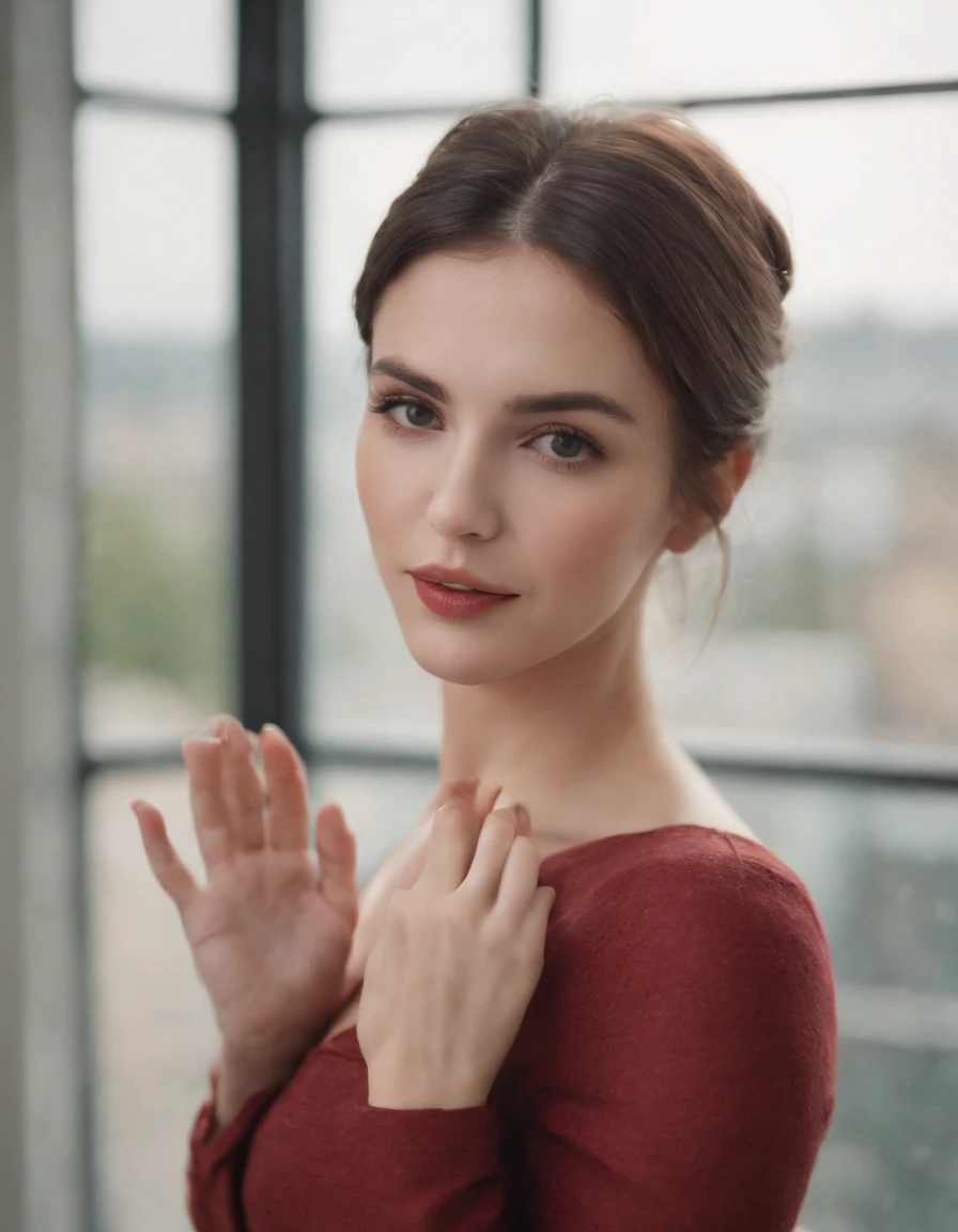 beautiful woman posing in front of a window with her hands above her head, in the style of tokina opera 50mm f/1.4 ff, minimalist pop, photo taken with provia, symmetrical asymmetry, alla prima, les nabis, light black and red.