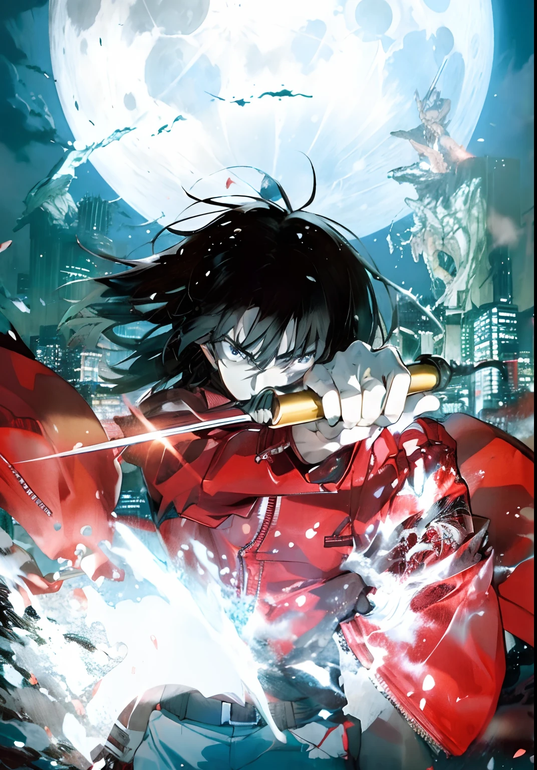 Man in red jacket holding sword in front of full moon, Both ceremonies, Wallpaper Anime Blue Water, , animesque」, tsutomu nihei art, anime wallaper, yoshitaka amano, anime still film anime shikishi, top 25 fantasy anime series, by