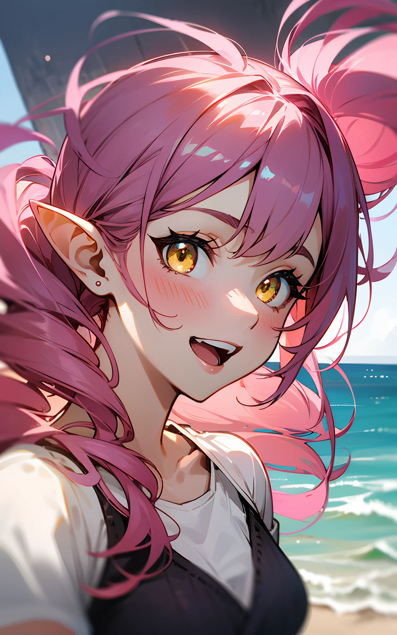 16yo girl、long-haired pink color、twin drills, widow's peak、Yellow eyes、pointy ear、burst into laughter、white t-shirts、white short pants、landscape of a beach、Soft lighting、summer feel、a closeup