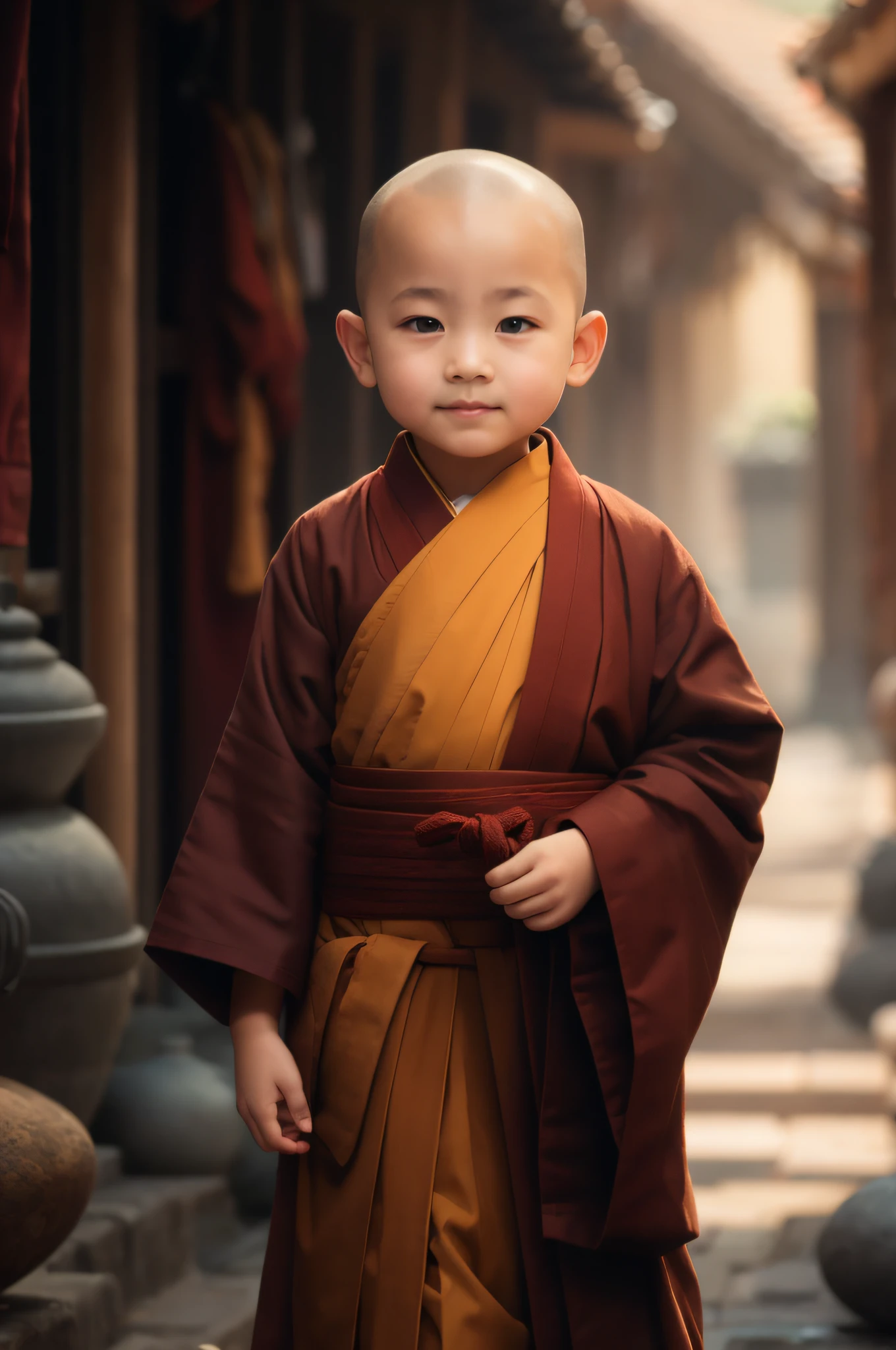 Arafeld children in monk's robes stand in a narrow alley, monk clothes, portrait of monk, buddhist monk, wearing brown robes, monk, 2 1 st century monk, portrait shooting, wojtek fus, full body picture of a male monk, dressed in simple robes, Buddhist,  boy wearing nun outfit, wearing a long flowing robe, lovely digital painting, Serene expression