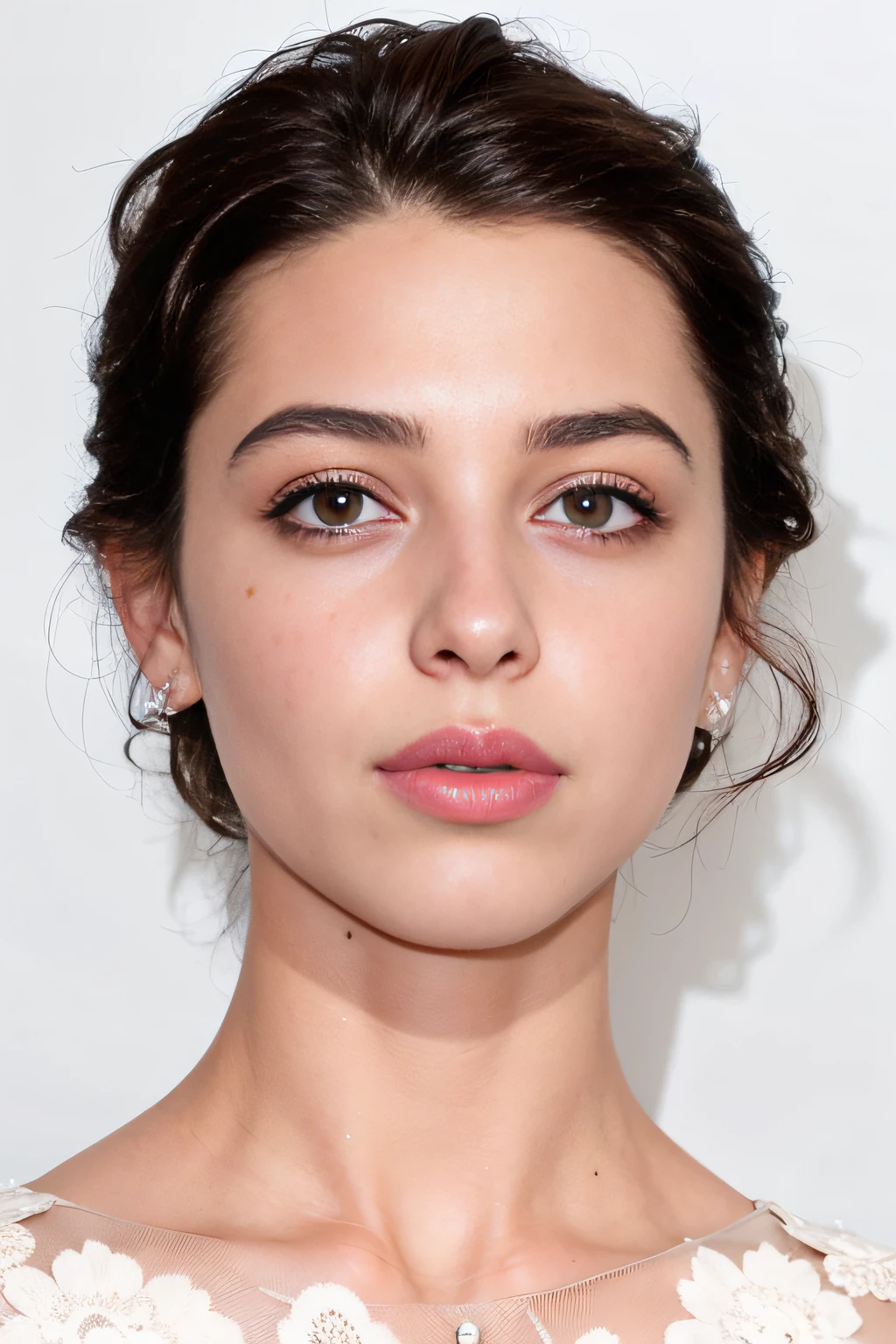 A close-up of a woman with a pink lipstick and a white dress, Portrait Sophie Mudd, Charli Bowater, stoya, Ana de Armas, Charming and symmetrical face, Portrait Anya Taylor-Joy, attractive female face!!!, emale_Taylor-Joy, Aubrey Plaza, Portrait of Ana de Armas, Magnifique Kacey Rohl, yeux lisses