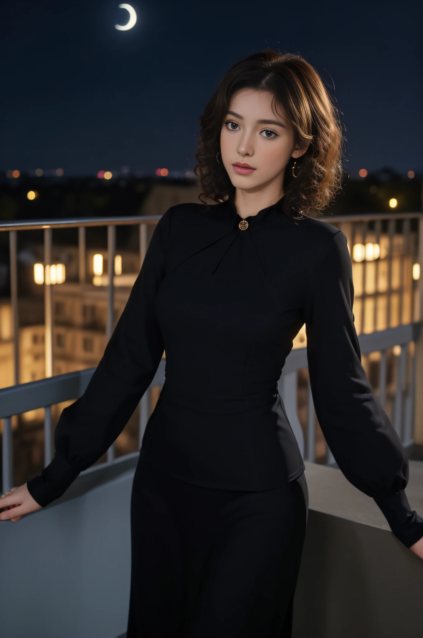 ((Minuit, beste-Qualit, 8k, master piece :1.3)), Corps entier, Longues jambes, Mise au point nette :1.2, A pretty European woman with a perfect figure :1.4, Slender abs :1.1, ((Cheveux noirs, curly hair, yeux bleus, gros seins, :1.2)), (tight-fitting clothing, black clothing, Golden jewelry, boucles d'oreilles, bracelets, collier, Debout :1.2), ((Nuit, clair de lune, stars, rideaux, balcon, luxurious hotel:1.3)), Highly detailed facial and skin texture, detailled eyes, double eyelidwork
