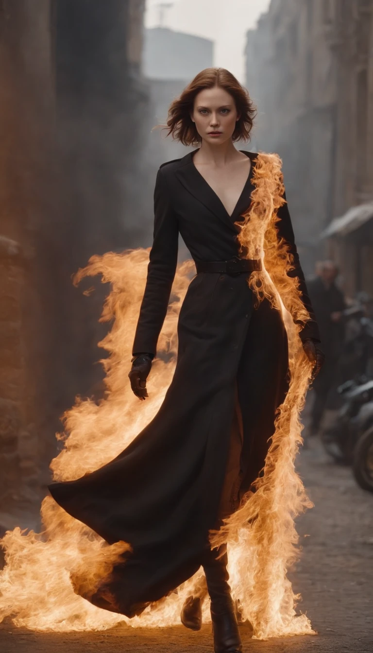 Hell's Detective,Better quality, tmasterpiece, 超高分辨率, (photograph of-realistic:1.4), ultra-realistic realism, Similar to a dream,fusionart, Tilda Swinton,Female evil fallen angel,Gabriel,Huge wings unfolded, in an apocalyptic city in flames, stares at the camera, shadow magic, darkness control, covert, Shadow Passage, Border spells, hidden blade. foreground