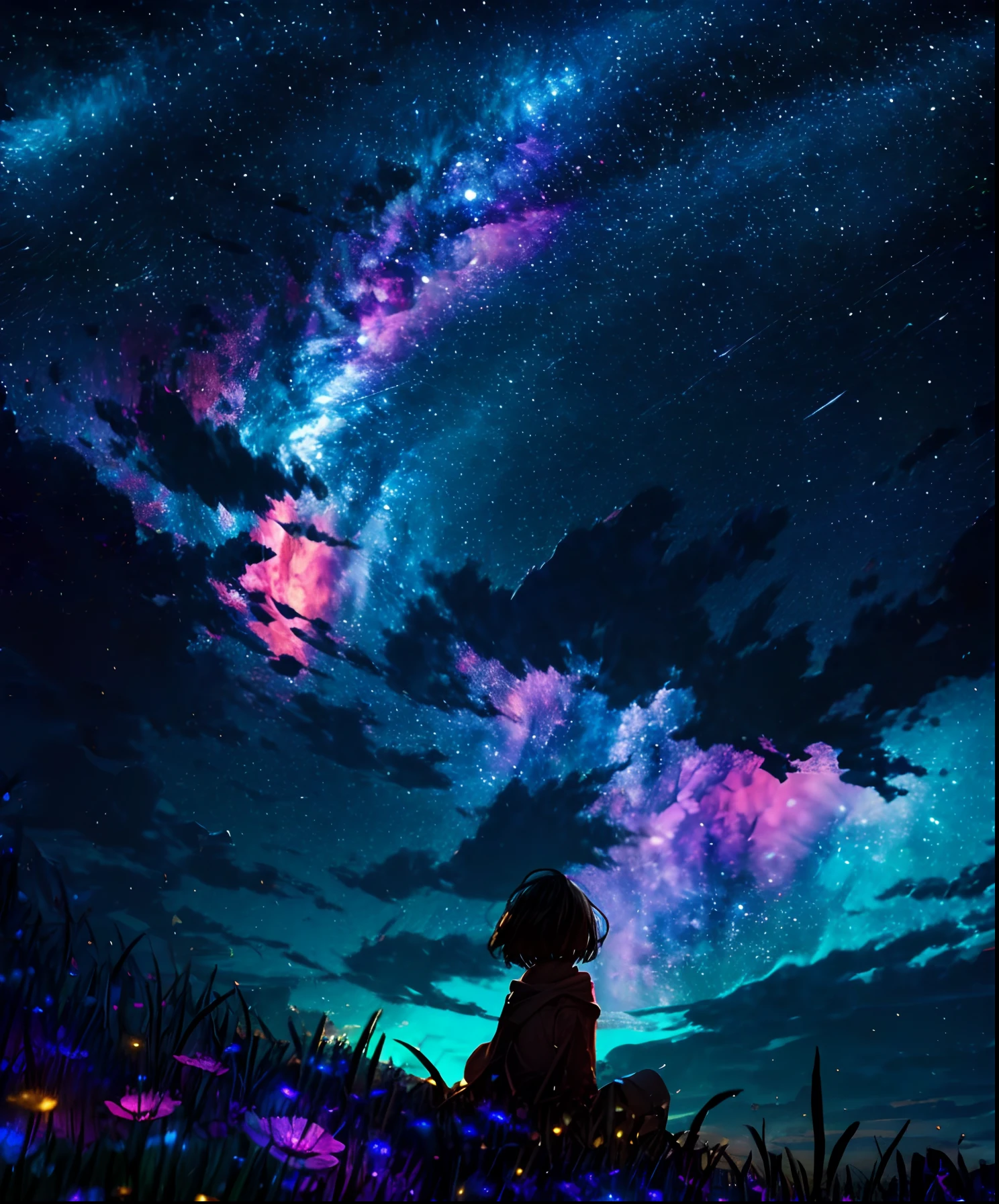Describe a scene where a cute girl character is lying on a grassy hill, Looking up at the starry sky. Surround her with colorful nebulae and her favorite constellations.
