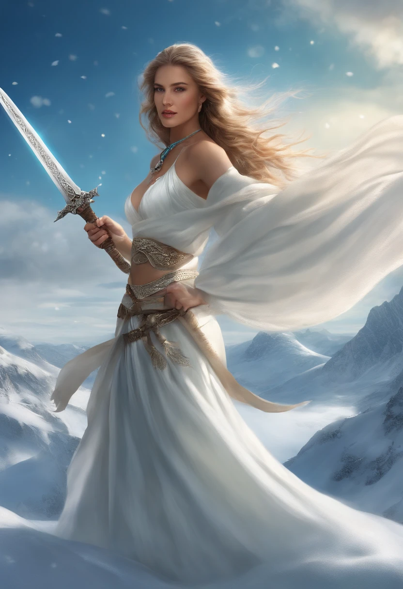 Drawing a snowy mountain sword, Sword with cold ice flame of woman in ancient style, Hold the sword that burns the blue flame, White clothes dancing swords in the snow Flowing long hair, Beauty with a silver longsword, Wearing jade jewelry, Her face is full of confident smiles, She floats in the clouds like a fairy, Behind her is a layer of mountains