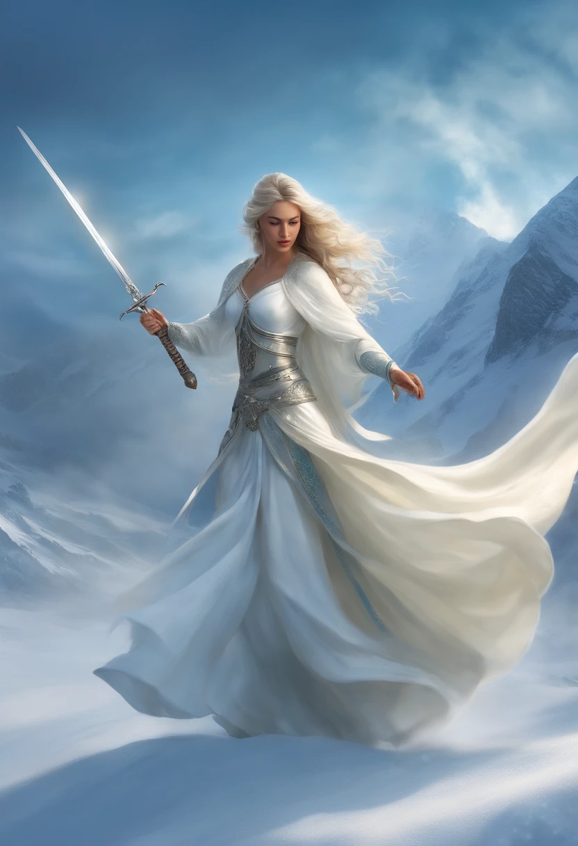 Drawing a snowy mountain sword, Sword with cold ice flame of woman in ancient style, Hold the sword that burns the blue flame, White clothes dancing swords in the snow Flowing long hair, Beauty with a silver longsword, Wearing jade jewelry, Her face is full of confident smiles, She floats in the clouds like a fairy, Behind her is a layer of mountains