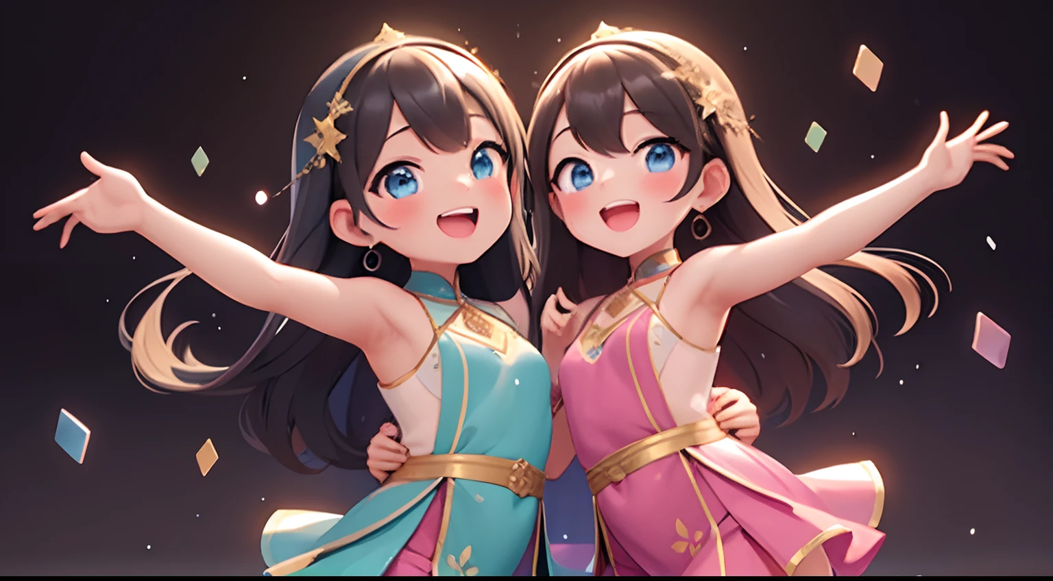Two girls standing in front of a painting、laugh face、Water droplets on the cheeks、Dance Practice、Rotational jump、bustup、Eye Up、Flowing iridescent silk、Cosmic petals