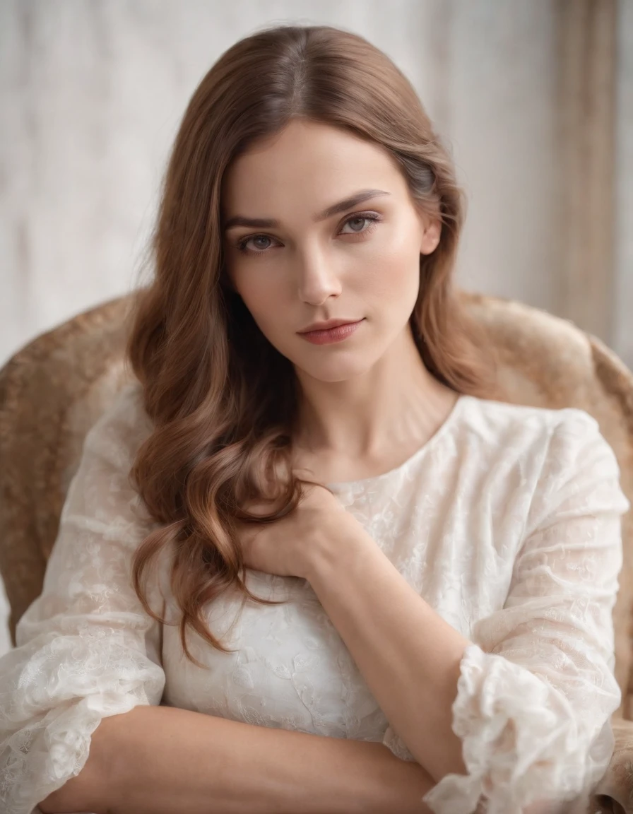 a woman with long hair laying with her arms crossed against the chair, in the style of light white and light amber, soft-focus technique .