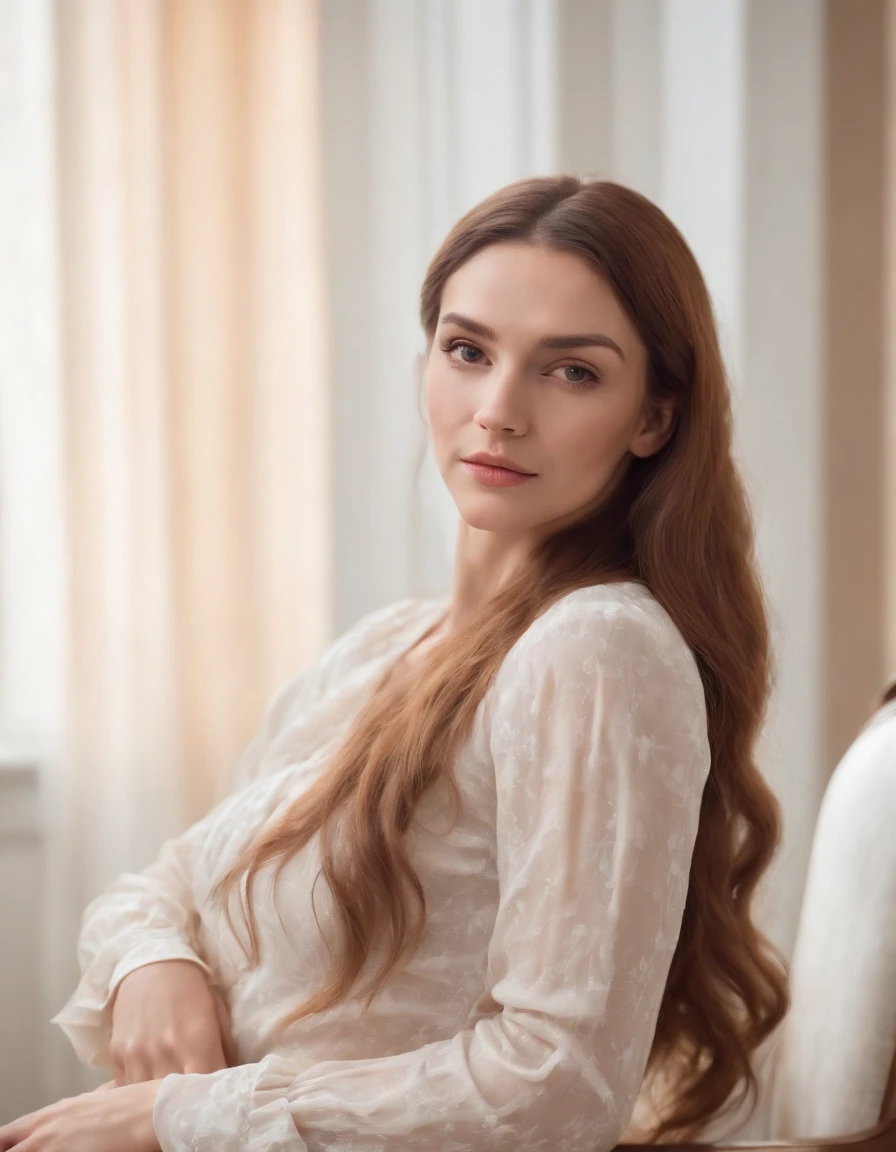 a woman with long hair laying with her arms crossed against the chair, in the style of light white and light amber, soft-focus technique .