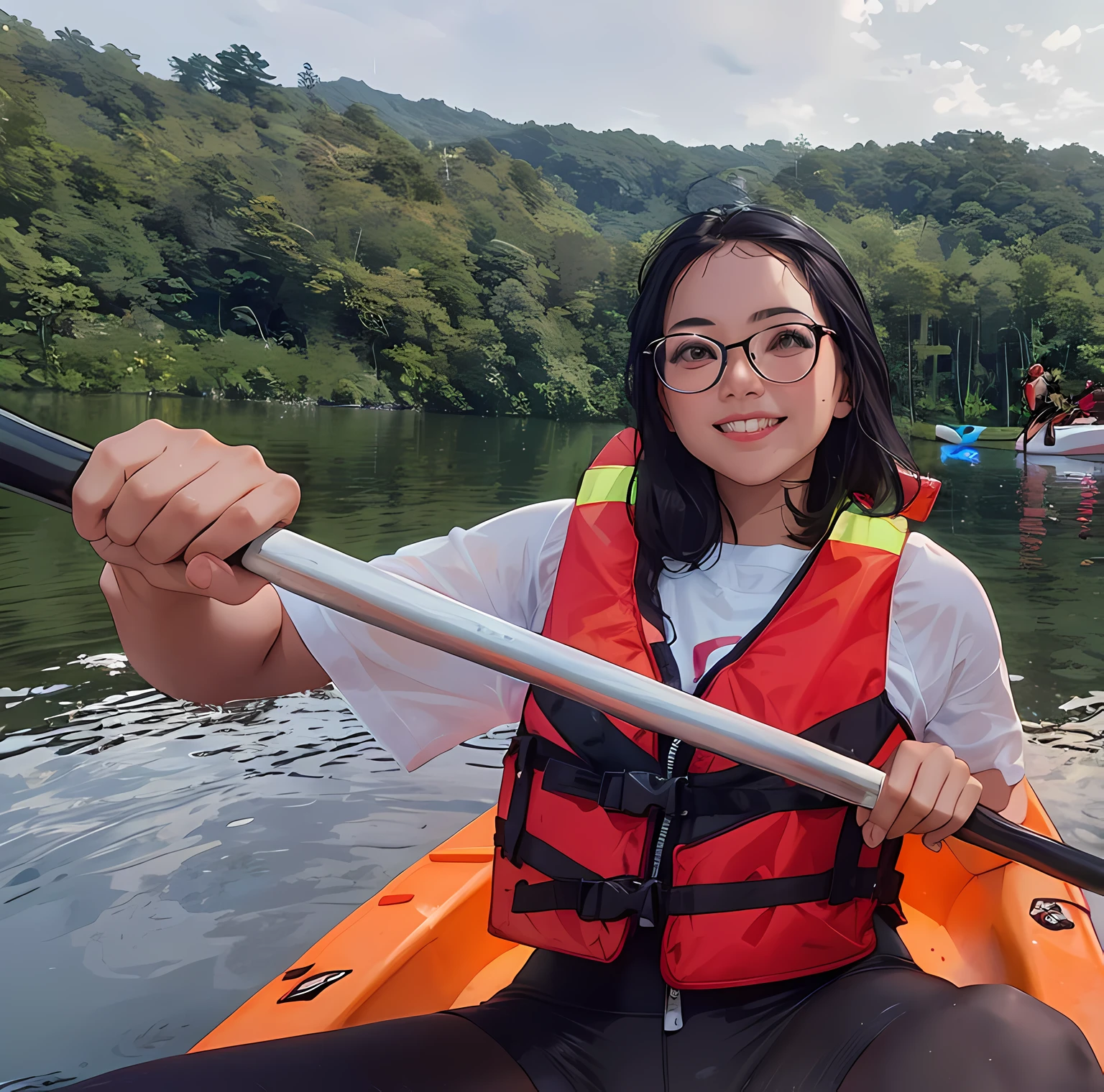smiling woman in life jacket and safety vest paddling a kayak, on a kayak in a forest, having a great time, on a boat on a lake, on a lake, picture,, having a good time, in lake, in a lake, photo taken in 2 0 2 0, photoshot, during sunrise, vacation photo, wear red life jacket, holding paddle, glasses, sexy