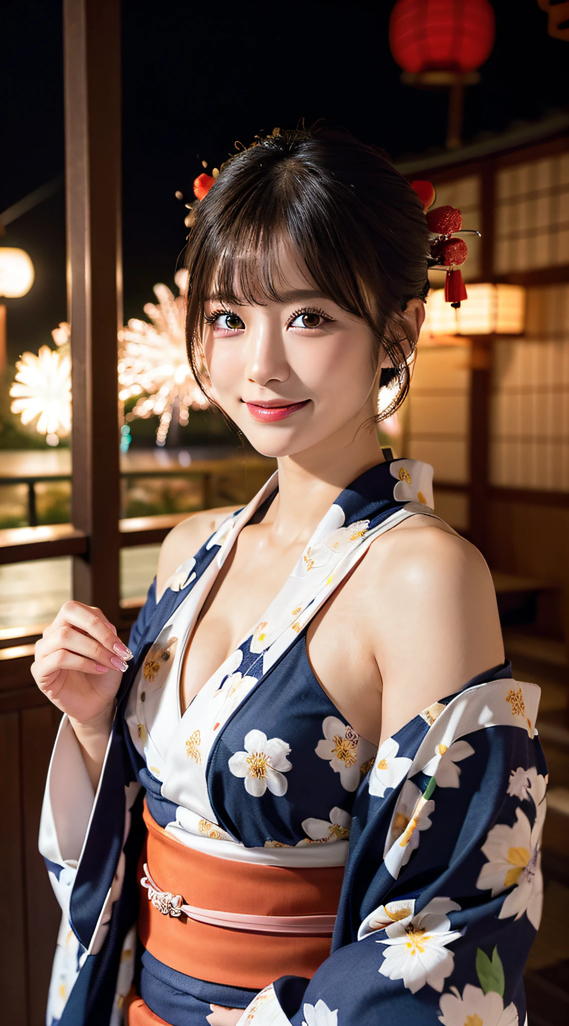 (8K、Raw photography、top-quality、masterpiece:1.2)、(reallistic、Photorealsitic:1.37)、The ultra -The high-definition、1 girl in、cute little、独奏、natta、Sitting、date、(Nasal redness)、(A smile:1.1)、(Closed)、Colossal tits、beautidful eyes、(short-hair:1.2)、(((Fireworks in the sky、natta)))、(((Kimono、Yukata)))、cleavage on the chest、perfect bodies、Perfect fingers、profetional lighting、goddess of Japan、gravure、Detailed face and skin texture、A detailed eye、Raw photo
