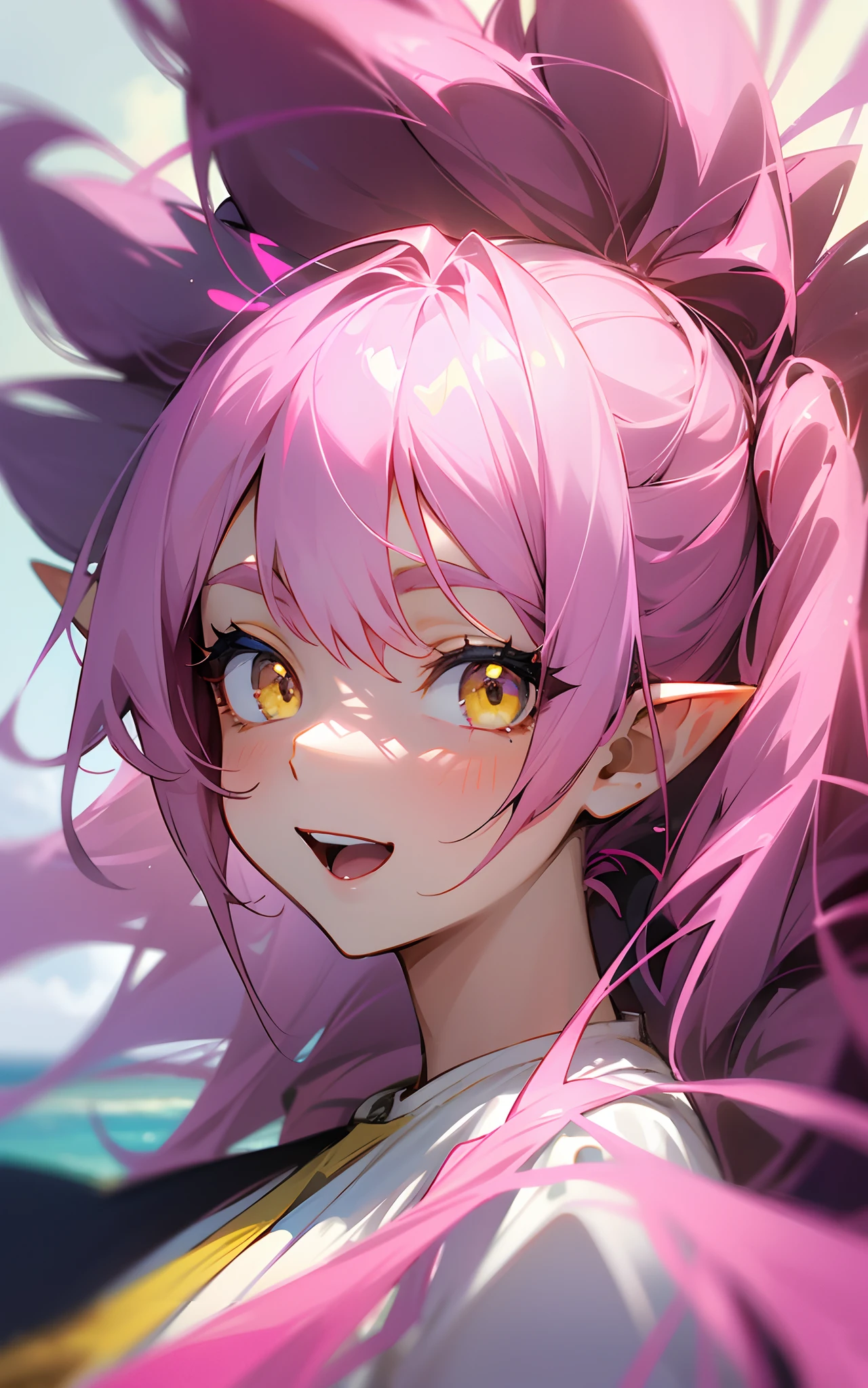 16yo girl、long-haired pink color、twin drills, Widow's peak、Yellow eyes、pointy ear、burst into laughter、white t-shirts、white short pants、landscape of a beach、Soft lighting、summer feel、a closeup