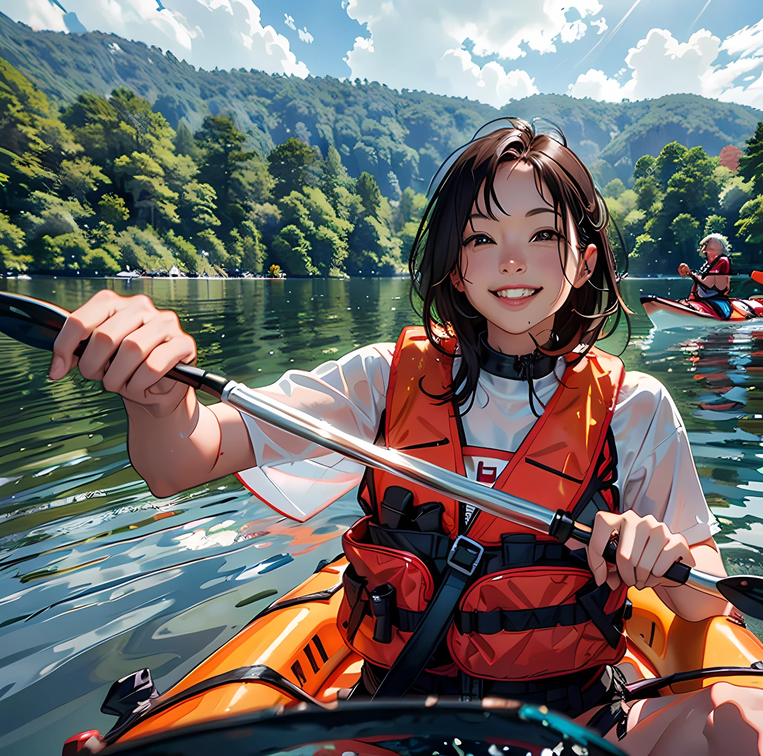 smiling woman in life jacket and safety vest paddling a kayak, on a kayak in a forest, having a great time, on a boat on a lake, on a lake, picture,, having a good time, in lake, in a lake, photo taken in 2 0 2 0, photoshot, during sunrise, vacation photo, wear red life jacket, holding paddle