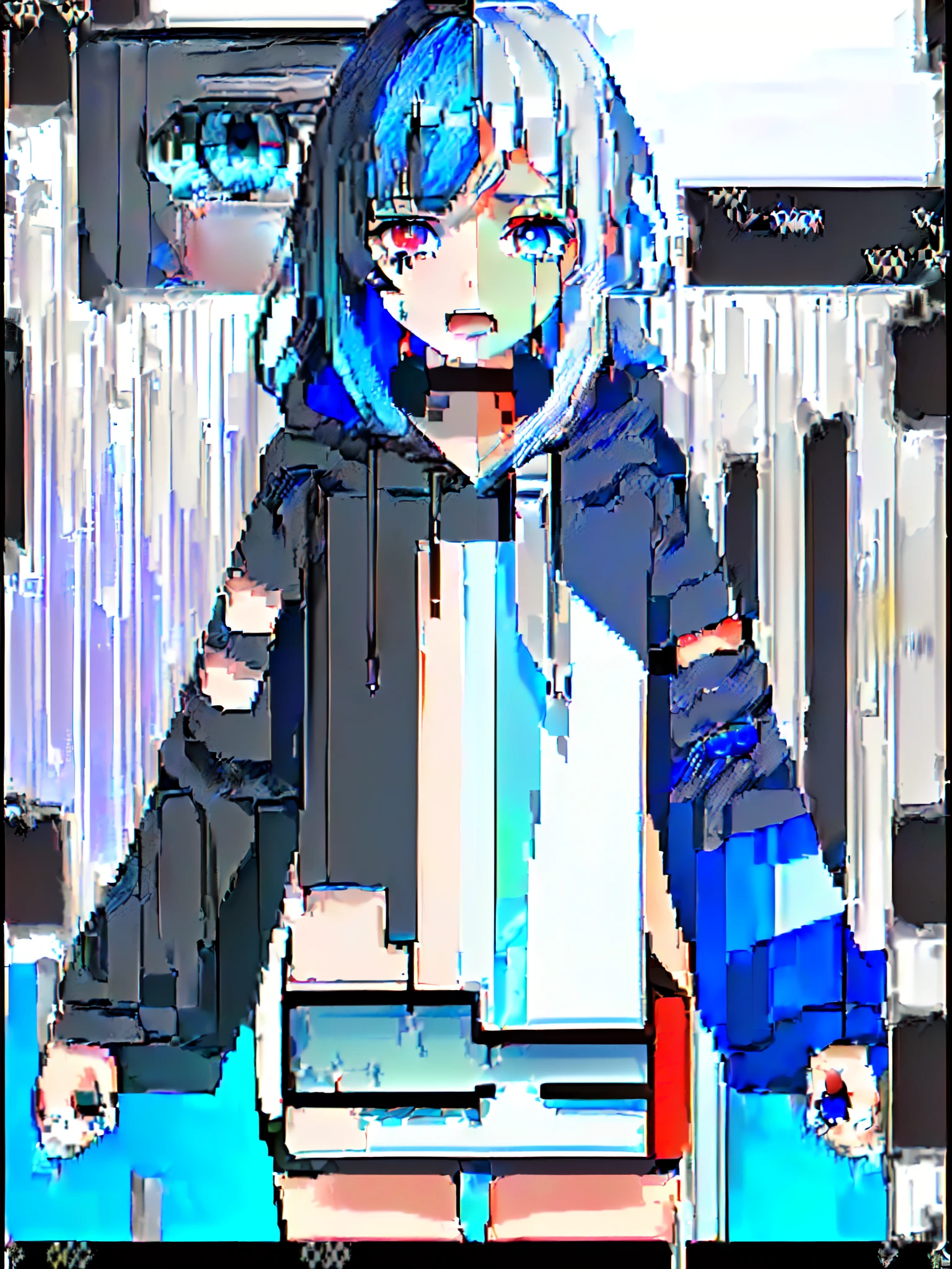 (one girls, About , Straight in front, Blue hair, Long hair, Futuristic clothes, Black hoodie, Black shorts:1.2), (Heterochromic, Blue Eye, Red Eye:1.4), (widely opened eyes, Slightly open mouth, is crying, Tears from the eyes:1.3), (glitched, errors:1.5), (Square glitches overlapping the girl)