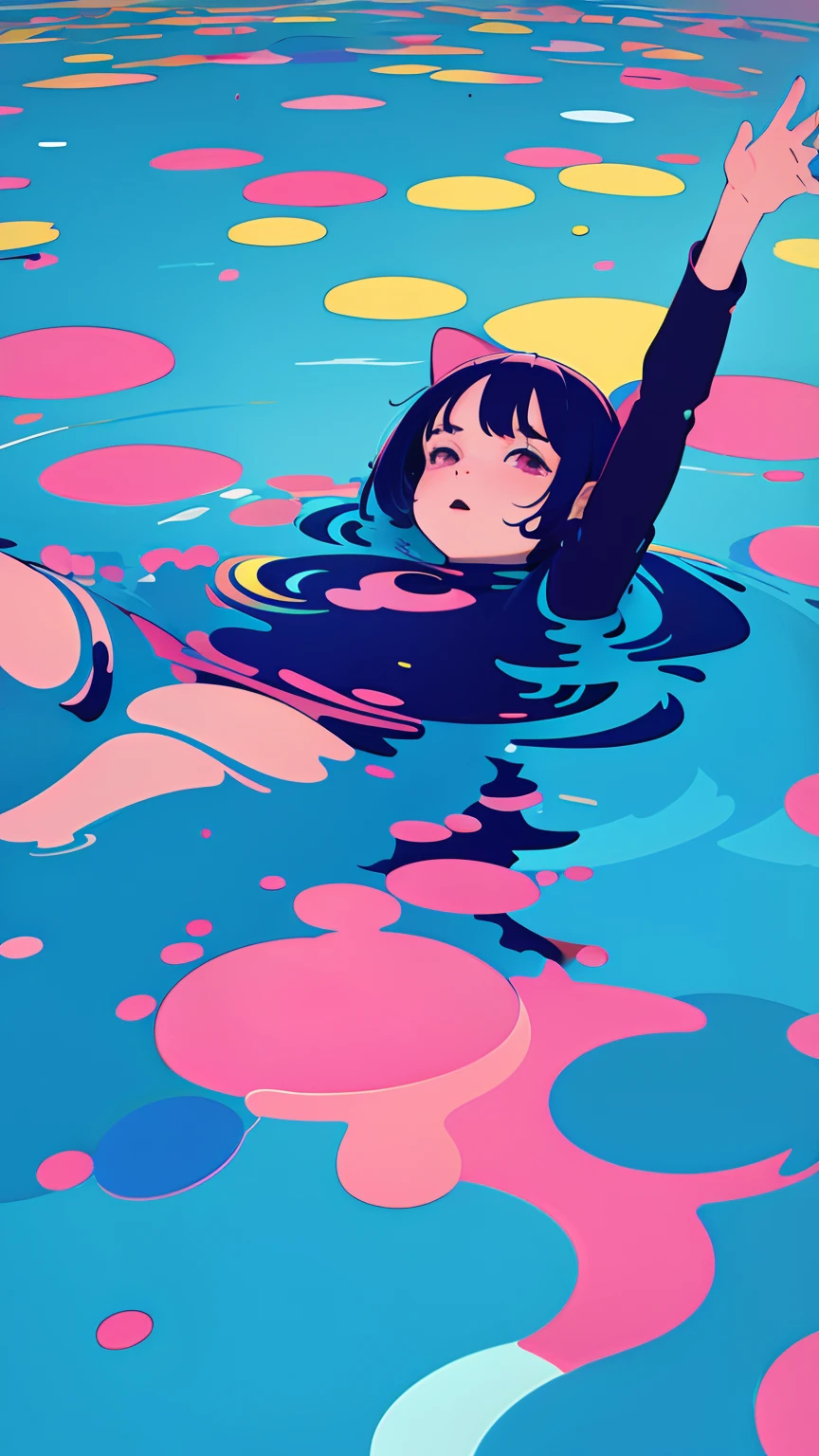 (ultra-detailliert,超A high resolution,detailedbackground),((2D)),((flat-colors)),((colourfull)),((bloo)),((Floating colorful water)),1girl in,独奏,Look at viewers,break