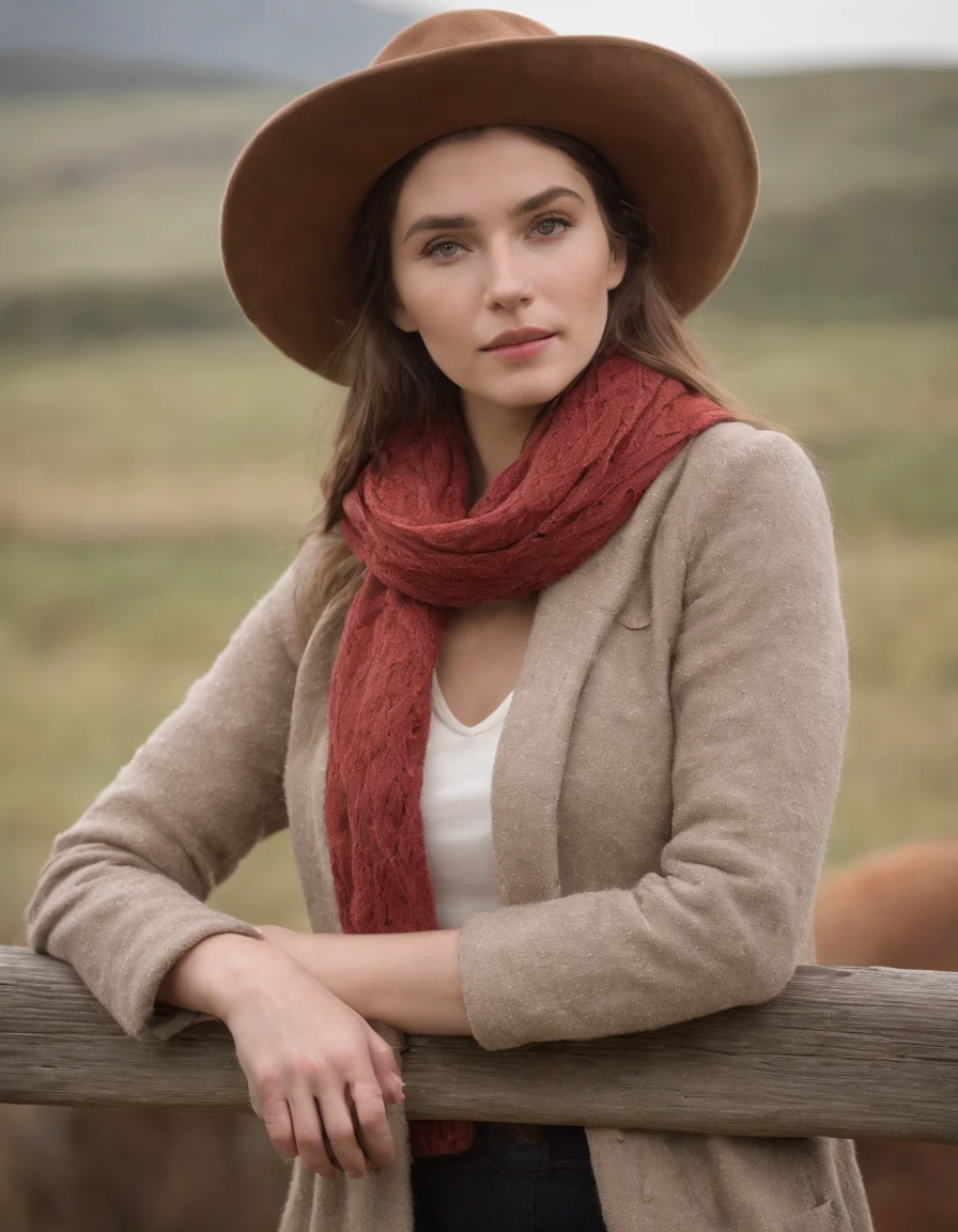 woman in a prairie hat and a scarf leaning on a fence, in the style of calm and meditative, whistlerian, eco-friendly craftsmanship, alex hirsch, strong emotional impact, i can't believe how beautiful this is, pastoral .